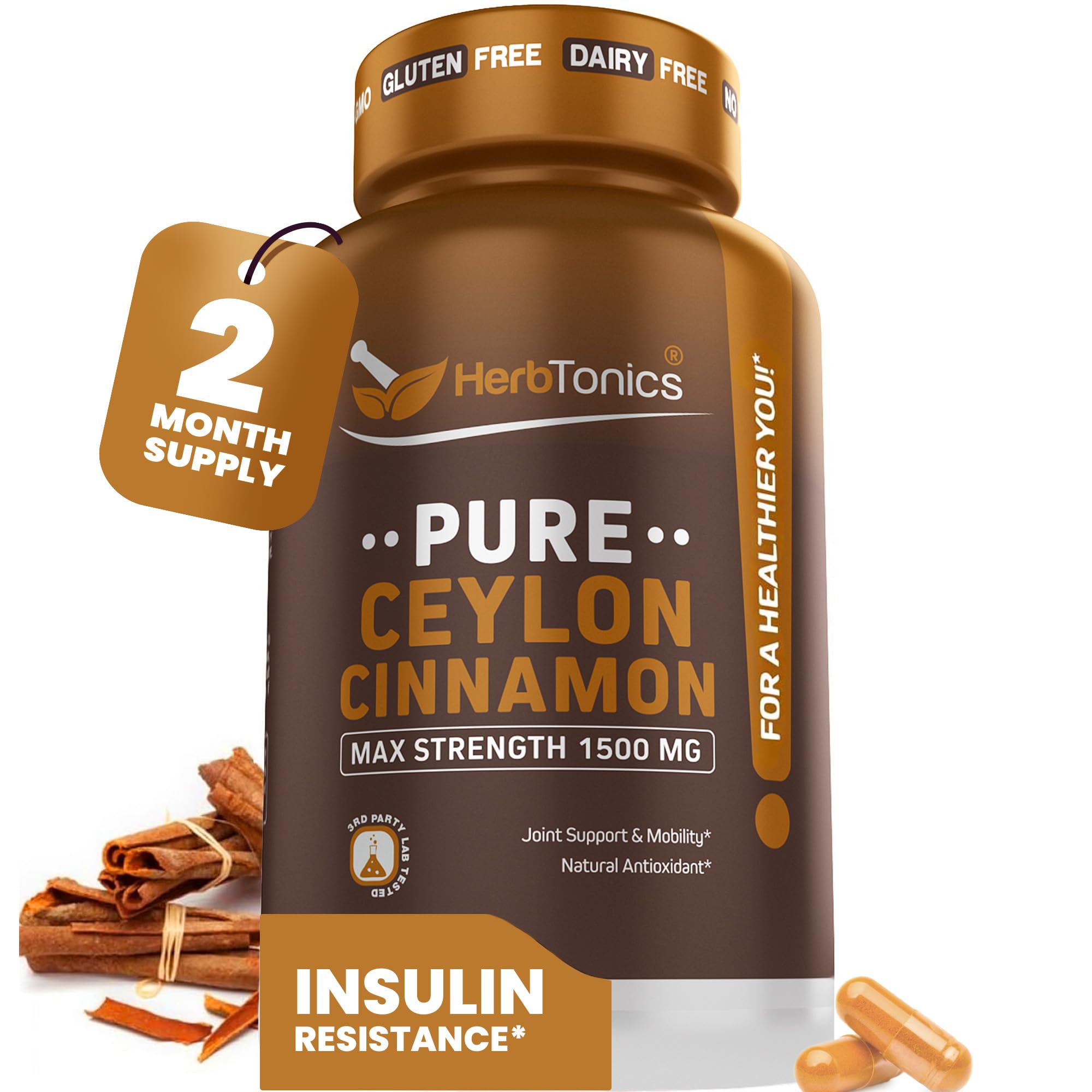 HerbtonicsPure Ceylon Cinnamon Capsules | Immune System, Healthy Weight Management | Non-GMO, Gluten Free | 1500 Mg - 120 Capsules