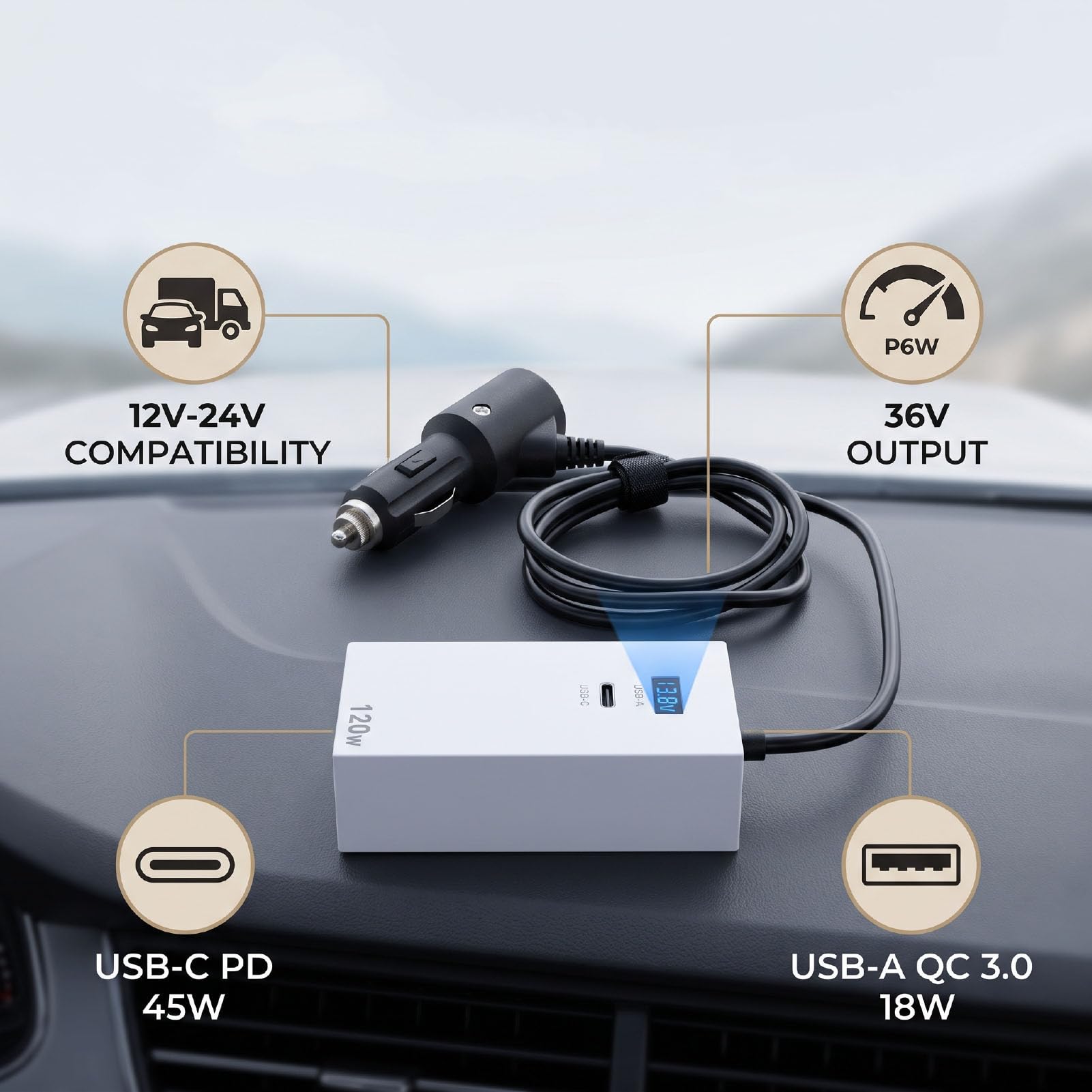 Fafeicy Adaptateur de Voiture Mini Antenne Parabolique 3 Pieds avec Affichage de Tension USB C PD 45W QC 3.0