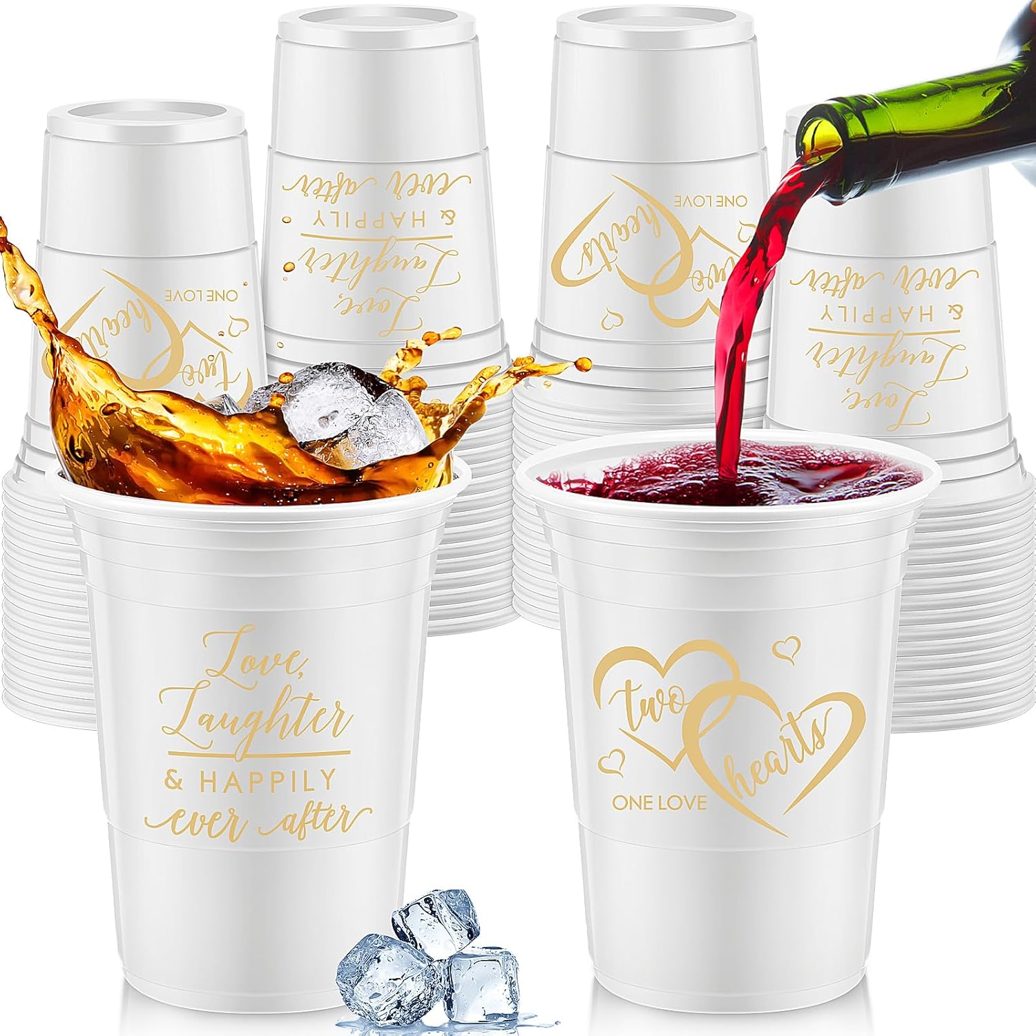 Layhit 100 Pcs Wedding Disposable Thick Plastic Cups 16 oz White Gold Two Hearts One Love Cups Decorations for Wedding Reception Bridal Shower Engagement Party Bachelorette Supplies in 2 Designs