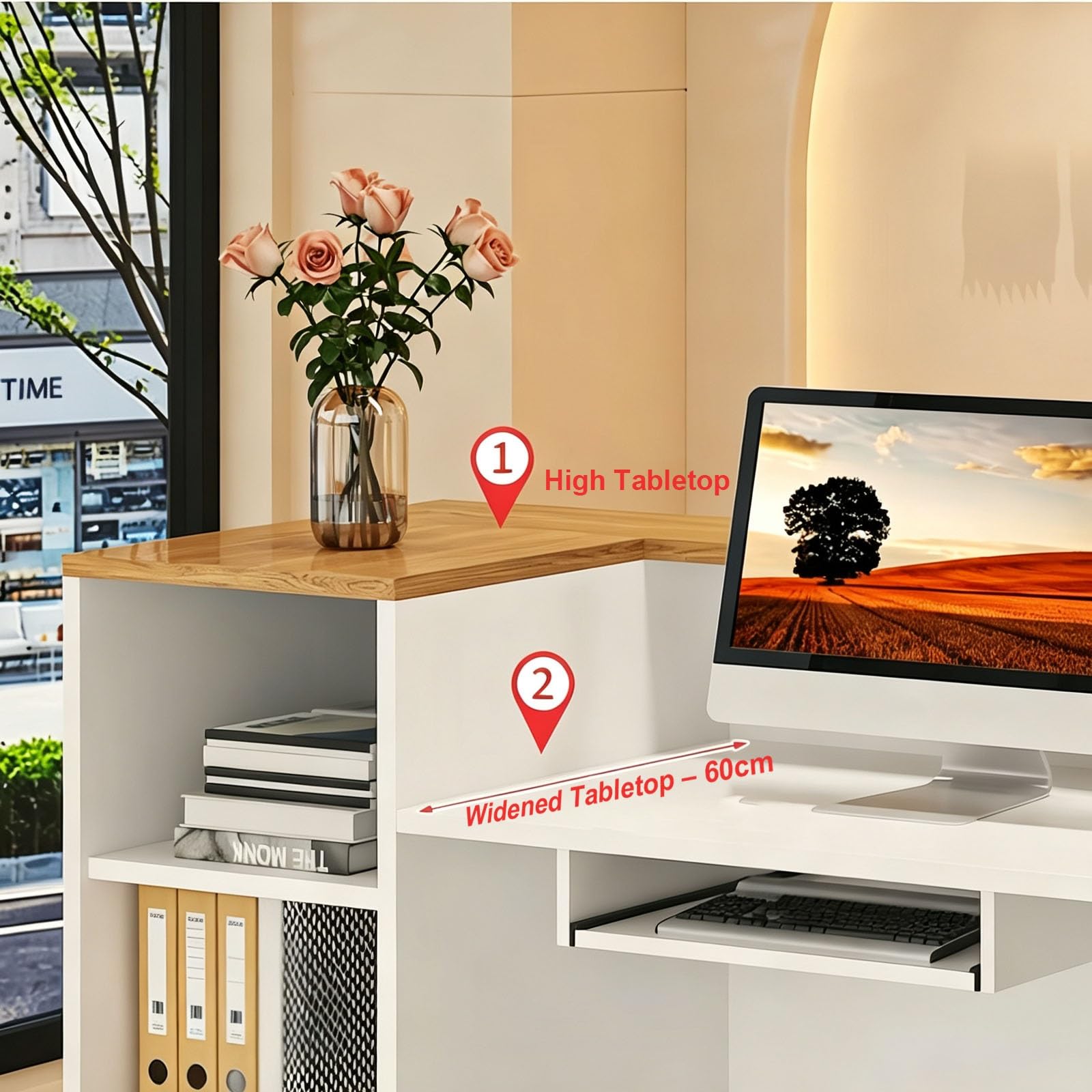 Mostrador Recepción con Cajón con Llave Mostradores para Tiendas | Mesa de Oficina Superficie amplia con estantes, bandeja para teclado para recepción y oficina.(Natural wood/Right,120cm)