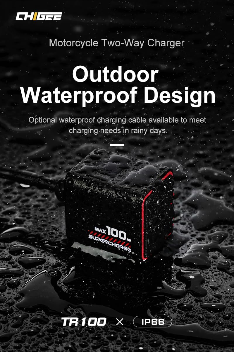 CHIGEE TR100 charger covered in water droplets, demonstrating its IP66 waterproof rating.