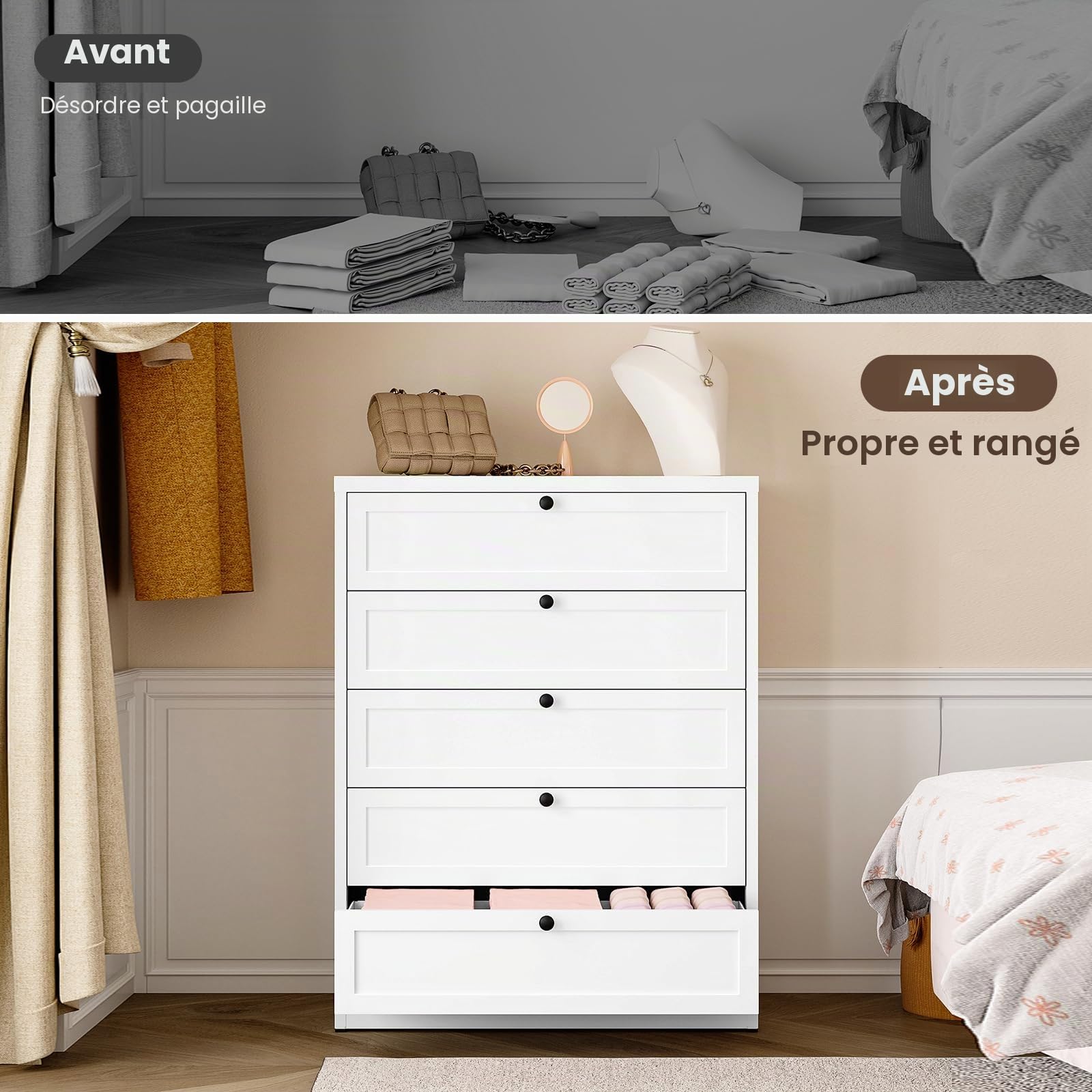 Sightlife Meuble de Rangement, Commode Blanche à 5 tiroirs, Meuble de Rangement pour Chambre, Bureau, entrée, Style comtemporain 121 x 80 x 40 cm