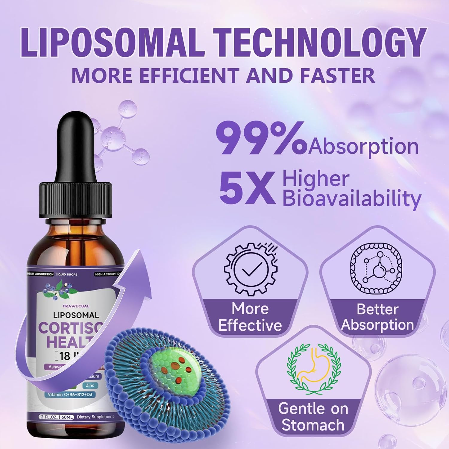 Liposomal Cortisol Reducer Liquid Drops with 300mg Ashwagandha, Magnesium Glycinate, L-Theanine, Supports Stress, Mood, Sleep & Nerves, 18-in-1 Cortisol Supplements For Women & Men, Blueberry Flavor - Image 2