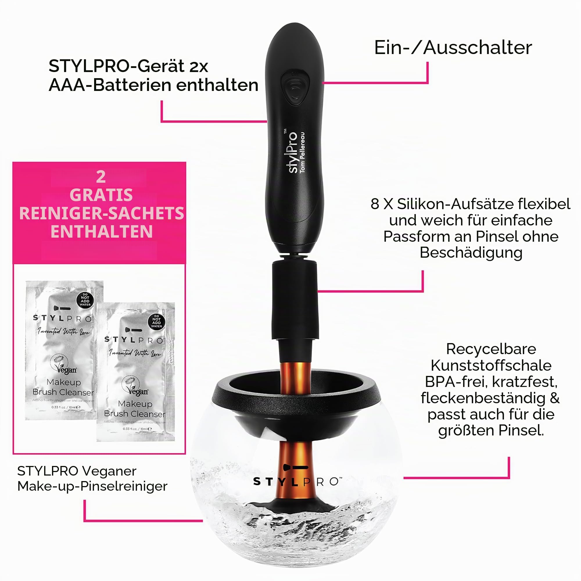 STYLPRO Elektrischer Make-up-Pinselreiniger & Trockner - Reinigt und trocknet gründlich in 30 Sekunden mit schonender Zentrifugaltechnik. Für alle Pinselgrößen geeignet, inkl. veganem Reiniger
