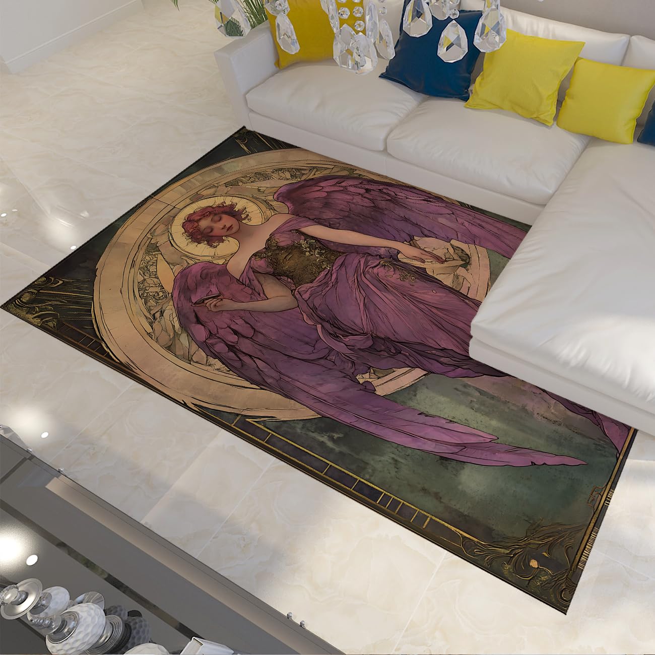 Tapis vintage 120x180cm chic avec femme en robe violette pour déco de chambre