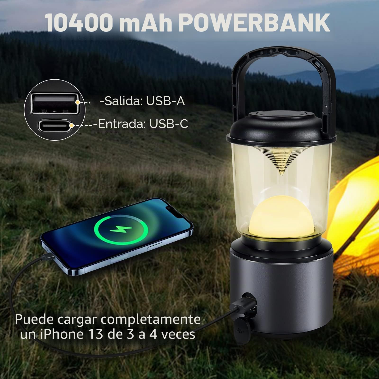 Yonktoo Lámpara de camping de 10400 mAh, recargable, con material de aleación de aluminio, 5 modos de luz y pantalla LCD, senderismo, cable de carga incluido