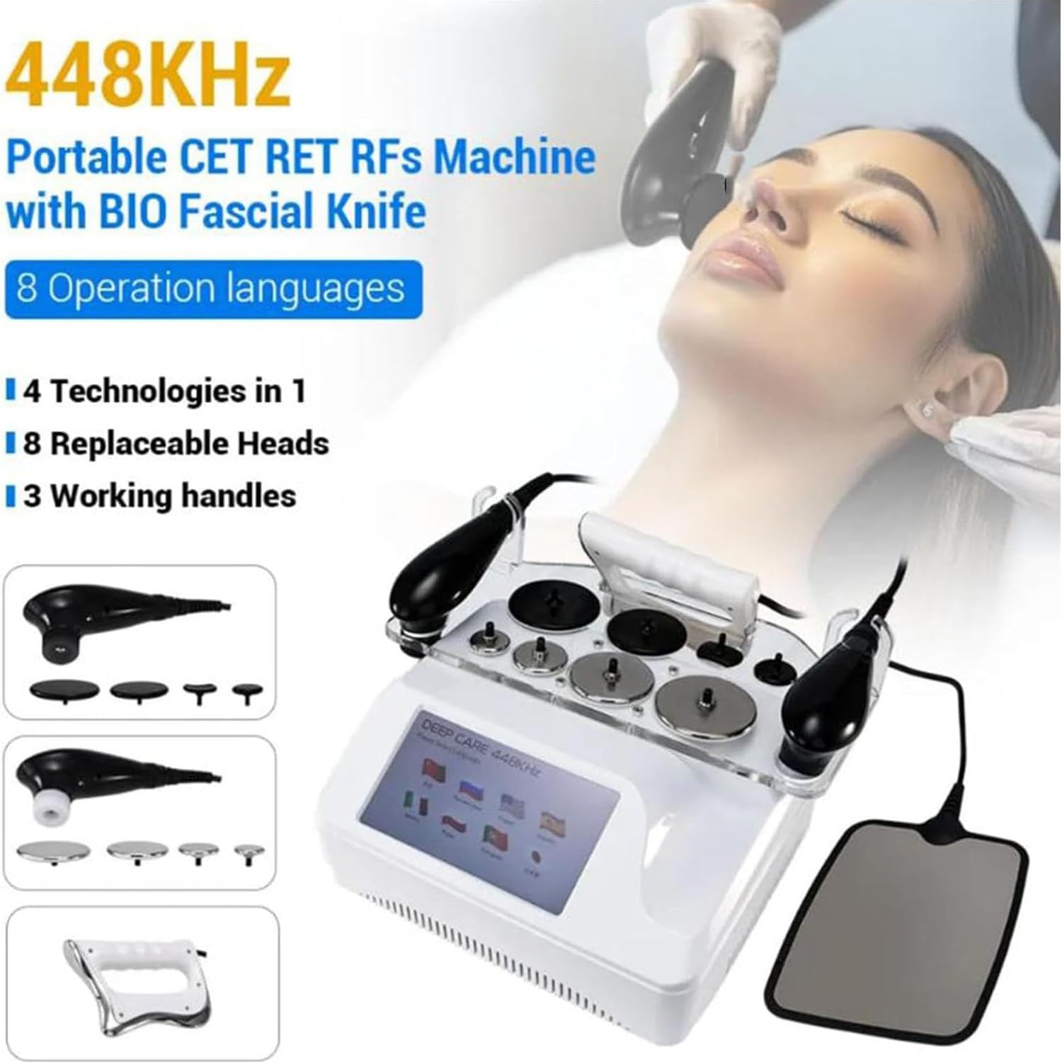Apparecchio Tecarterapia 448Khz Dispositivo di Fisioterapia Caldo e Bellezza Non Invasivo,con 8 Testine,RES+cap/CET/RET Regolabili,per Rimozione Cellulite,Rassodamento Pelle e Sollievo Dolore