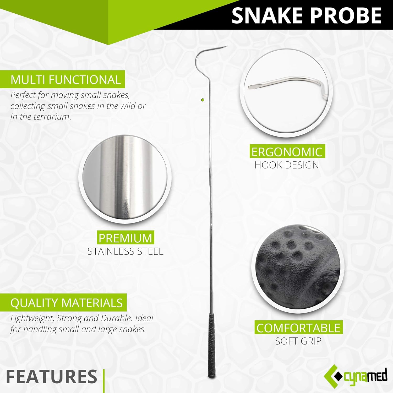 Cynamed Professional Stainless Steel Probe Snake Hook Reptile Catcher Stick Rattlesnake Grabber Pick-up Handling Tool