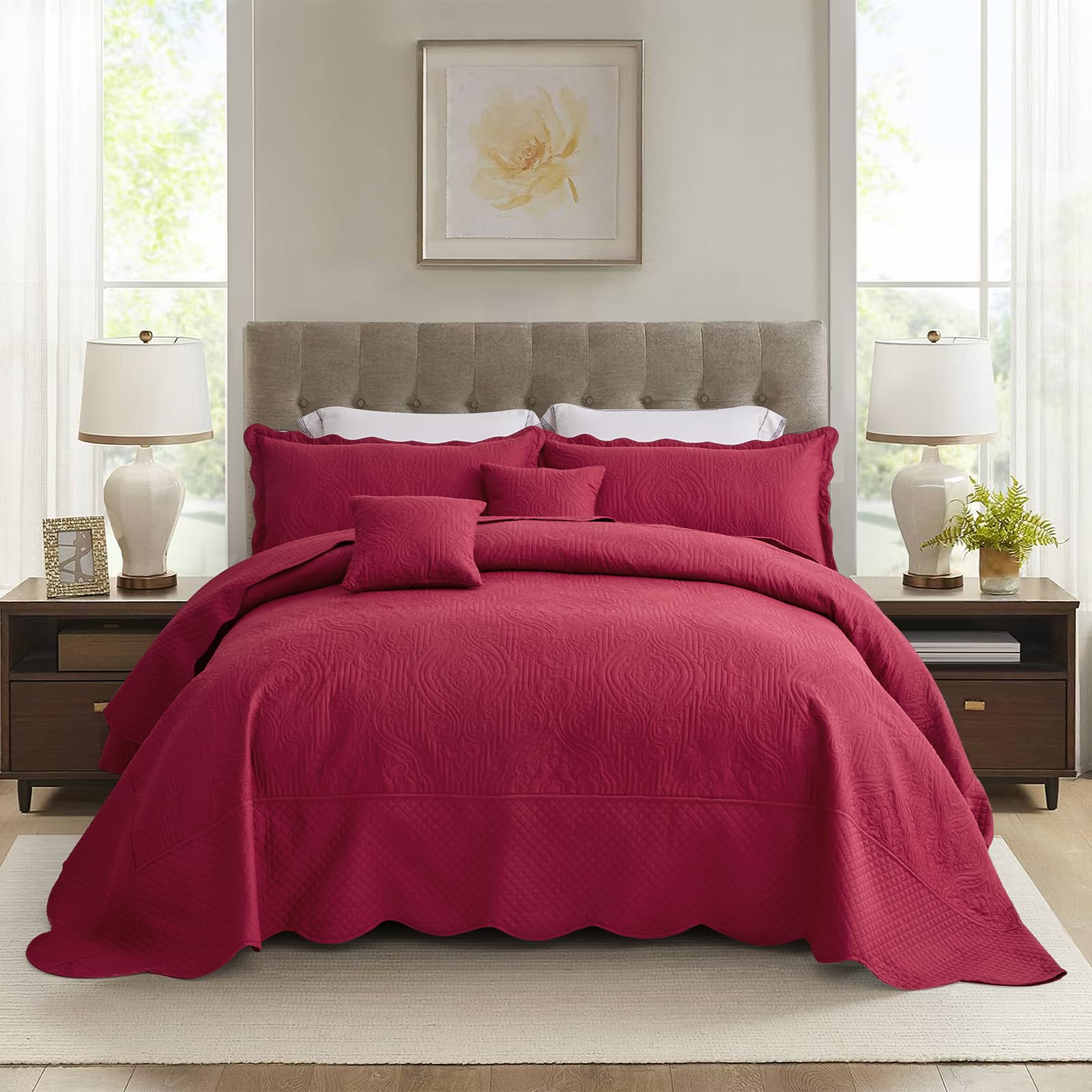 HZ &amp; HY Oversized King Bedspreads 128x120, Embossed Damask, Wine Red