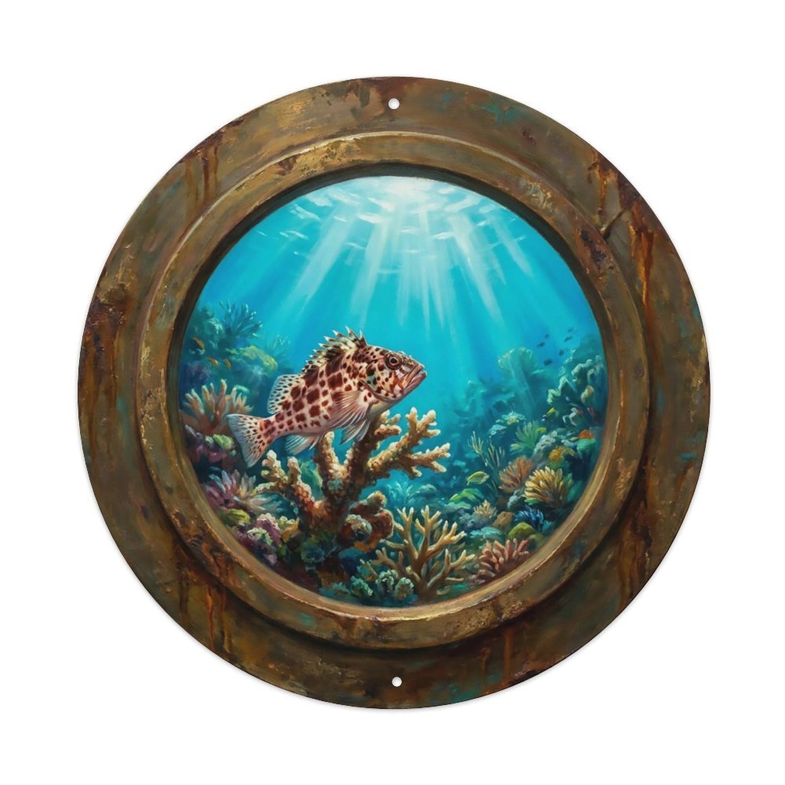 Vintage Porthole Hawkfish Perched Ship Window Undersea Deep Sea Metal Tin Sign