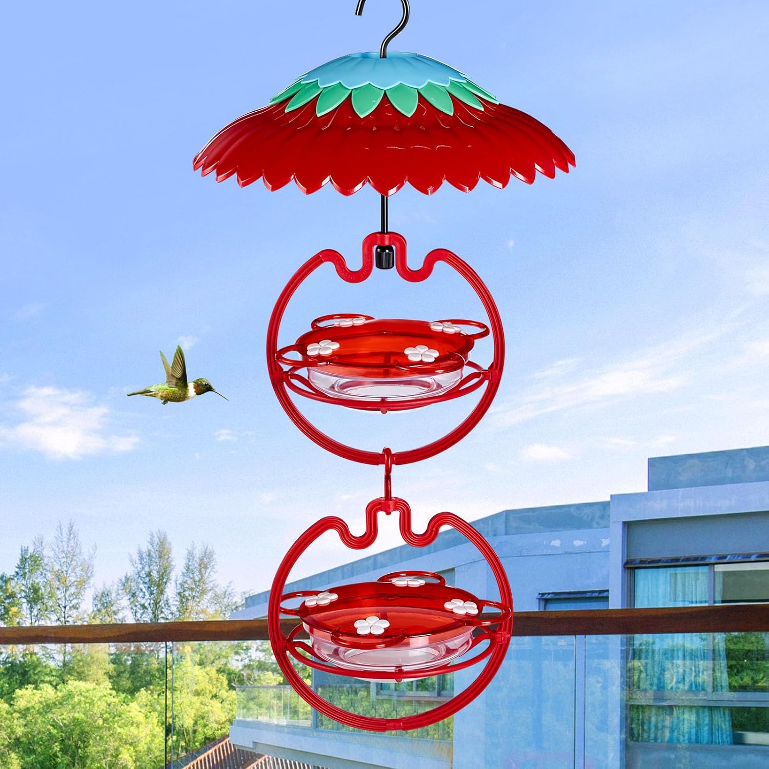 Shirem Hummingbird Feeder Sweety Hanging High View with Rain Cover for Outdoors 9.5 OZ with 4 Bee Guard Feedering Ports, 11" Dome Weather Ant Proof by Beserie,Red - Image 6