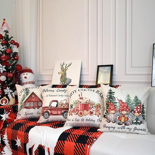 Miniatura 4 de Hofomca Juego de 4 fundas de almohada de Navidad de 20 x 20 pulgadas, fundas de almohada de Navidad, fundas de almohada rojas de Navidad, almohadas