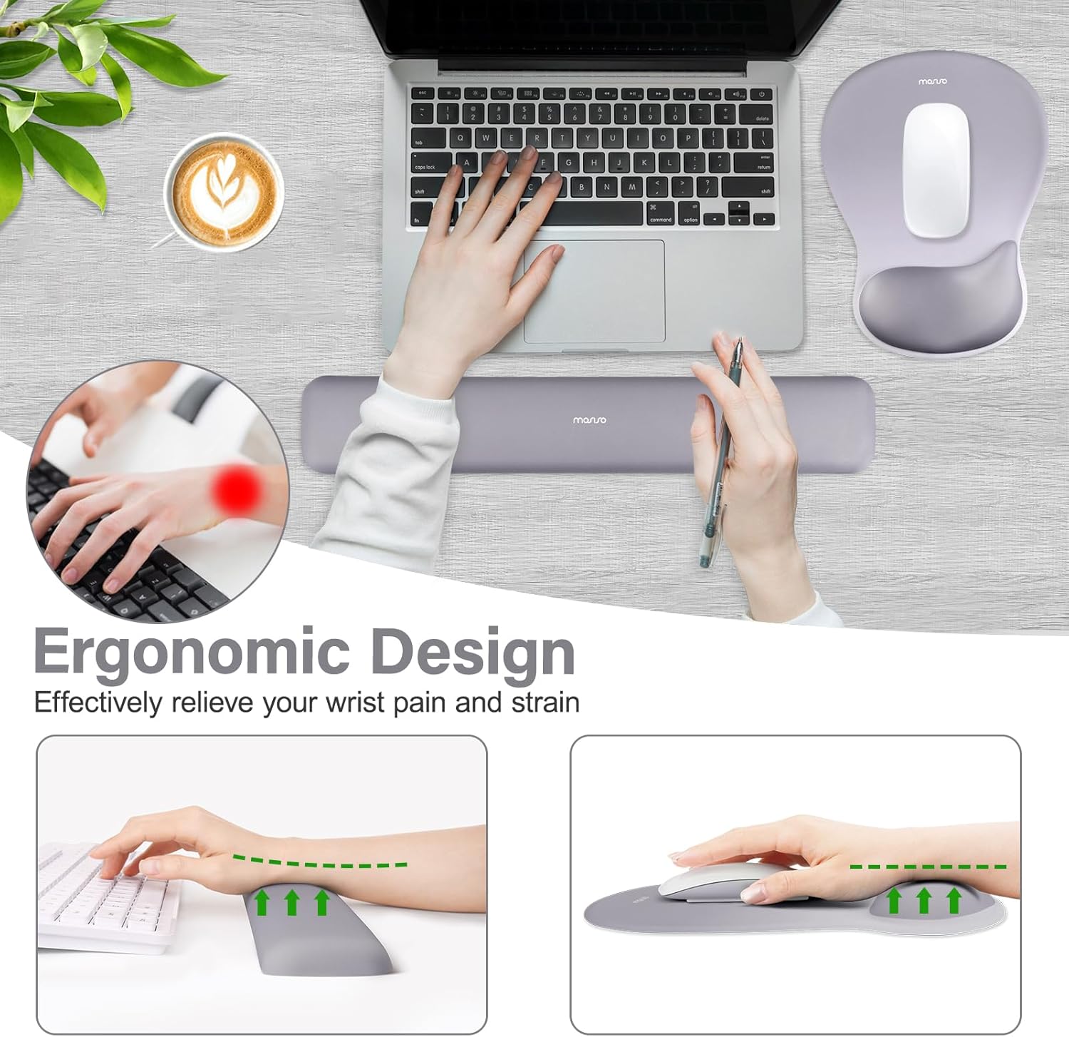 MOSISO Wrist Rest Support for Mouse Pad&Keyboard Set, Ergonomic Mousepad with Concave Curved Memory Foam, Non-Slip Base Pain Relief Comfortable Rectangular Easy Typing Pad for Home/Office, Gray