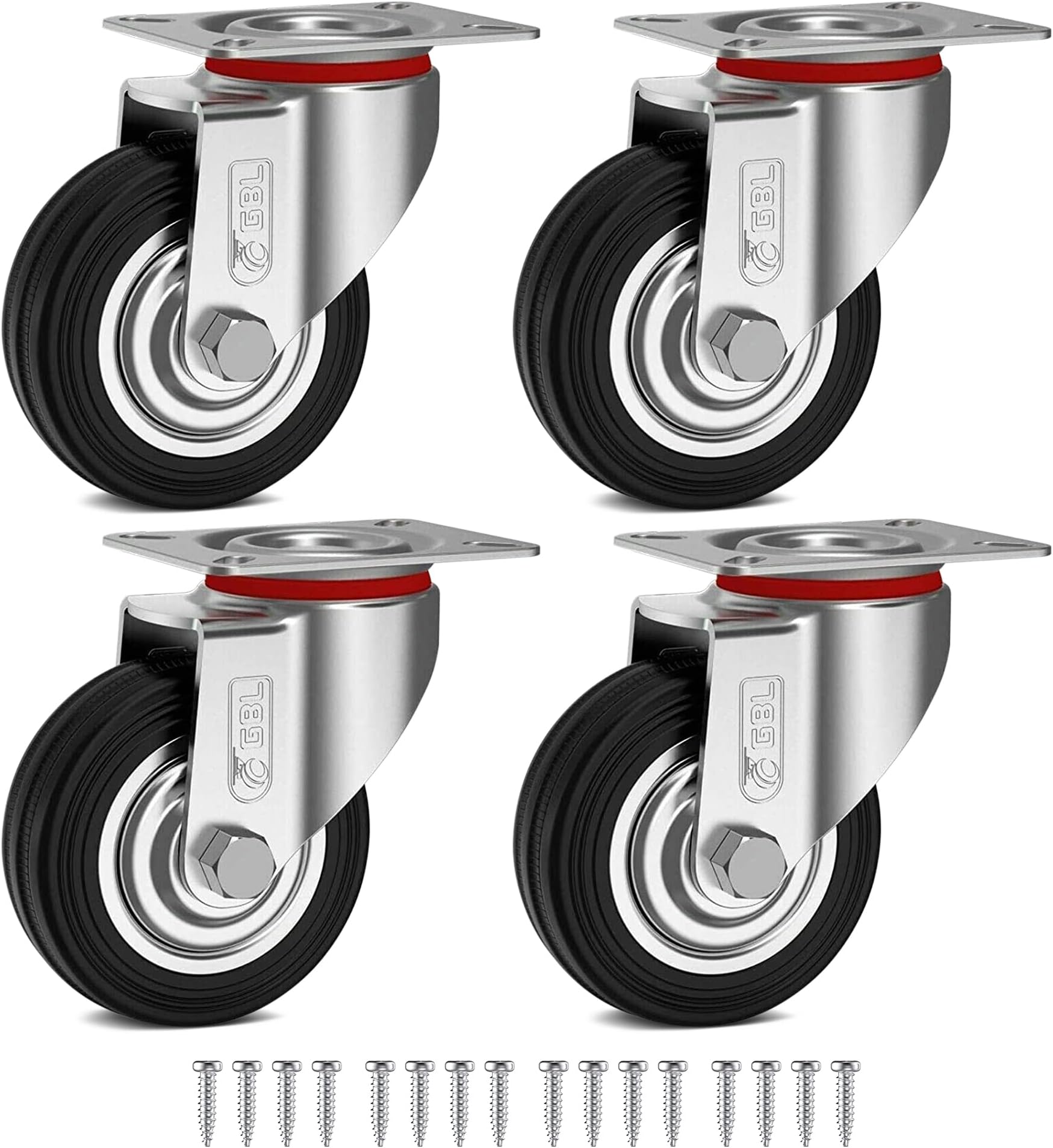 GBL Heavy Duty Castor Wheels + Screws - 75mm Up to 200kg - 4 Pack No Floor Marks Silent Castor for Furniture - Rubber Covered Trolley Wheels - Silver Casters