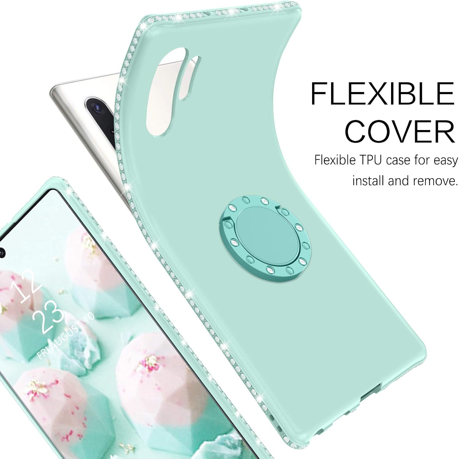 BENTOBEN Galaxy Note 10 Plus Case, Slim Silicone | 360° Ring Holder Kickstand | Rhinestone Soft Rubber Bumper Shockproof Women Girls Phone Case for Samsung Galaxy Note 10+ Plus 5G, Light Green