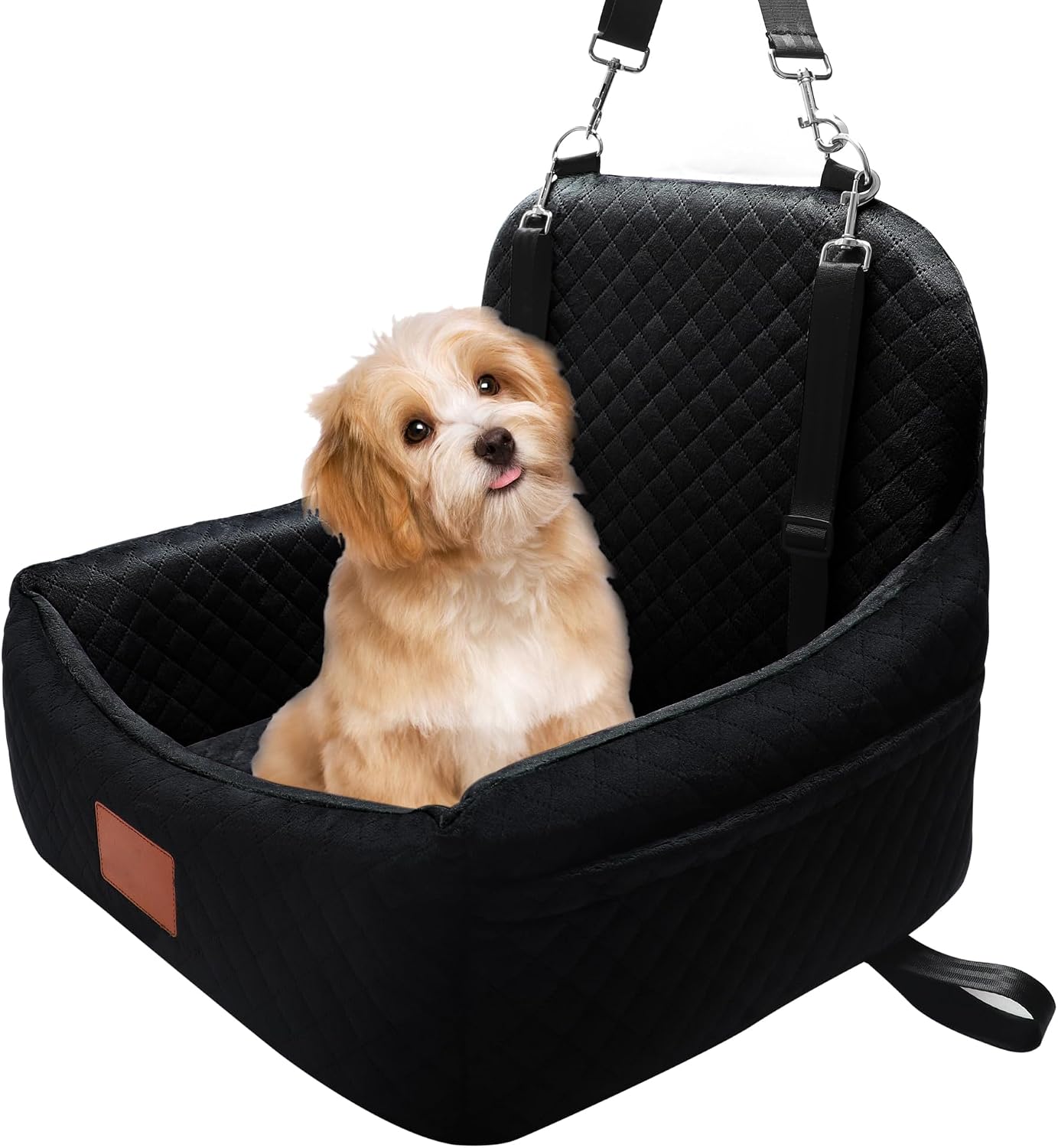 Small Dog Car Seat for Small Dogs Under 30 lbs, Memory Foam Pet Car Seat with Washable Cover, Safety Belts & Side Storage Pockets, Portable Travel Bed for SUV/Sedan (Black/Grey)