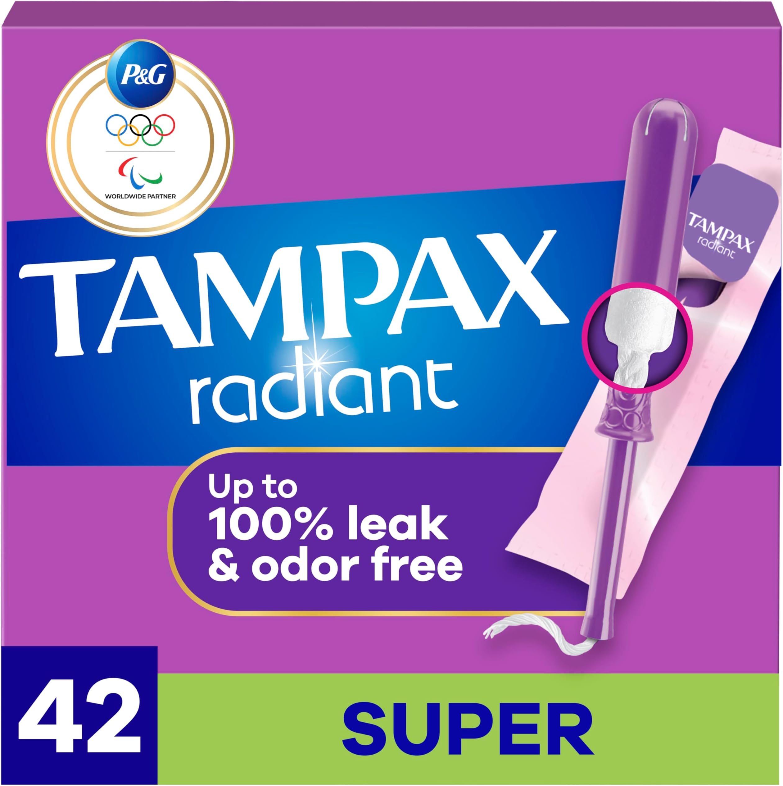 Radiant Tampons with LeakGuard Braid, Super Absorbency, Unscented, 42 Count