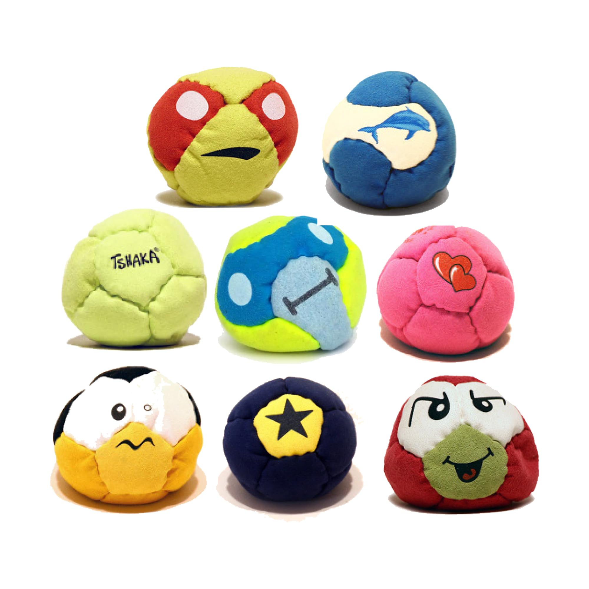 Tshaka Assortiment Complet - Lot de 8 Balles de Jonglerie & Footbag (Hacky Sack) - Pack Mega Mix Designs Variés - Balle Molle Remplissage Recyclé - pour Groupes, Familles & Écoles