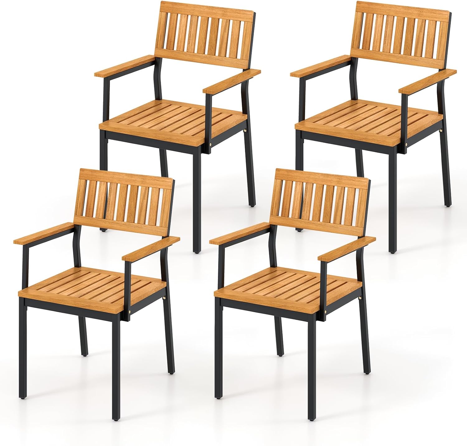 Tangkula Patio Dining Chair Set of 4, Outdoor Chairs w/Metal and Acacia Wood Frame, Armrests, All-Weather Bistro Chairs, Indoor Outdoor Furniture Armchairs for Lawn Backyard Patio Garden