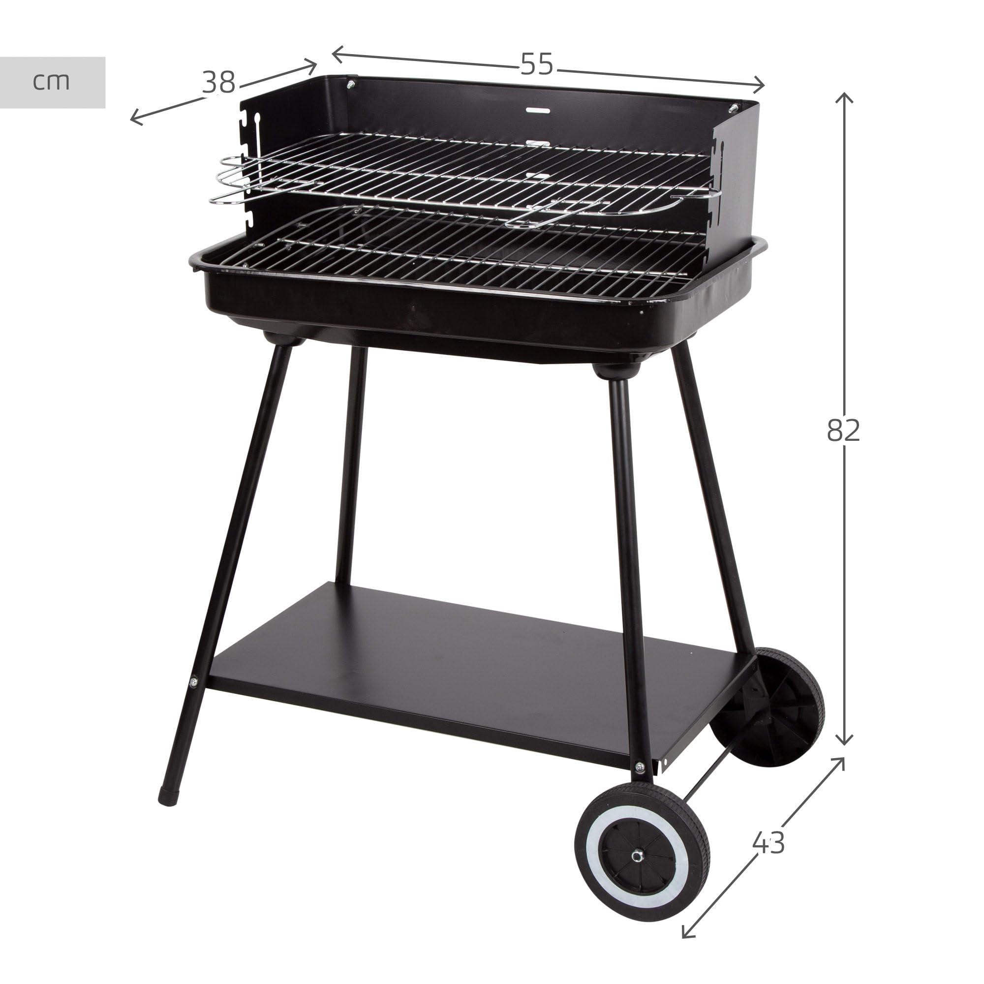 AKTIVE Przenośny grill węglowy, 55x43x82 cm, ze stali nierdzewnej i regulowana 4 wysokości grillowania, wiatroszczelne ściany boczne, taca pomocnicza, 2 koła, uchwyt do przenoszenia (63108)