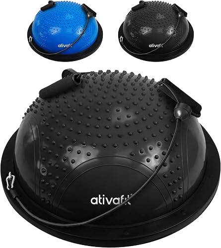 ATIVAFIT Half Exercise Ball with Massage Granules, resistance Bands Balance Ball Balance Trainer for Home Gym Full Body Workouts Half Ball Balance Trainer For Men Women (Black)