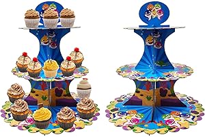 Cupcake Stand with 3 Tiers, Baby Shark Theme, Cardboard, Blue