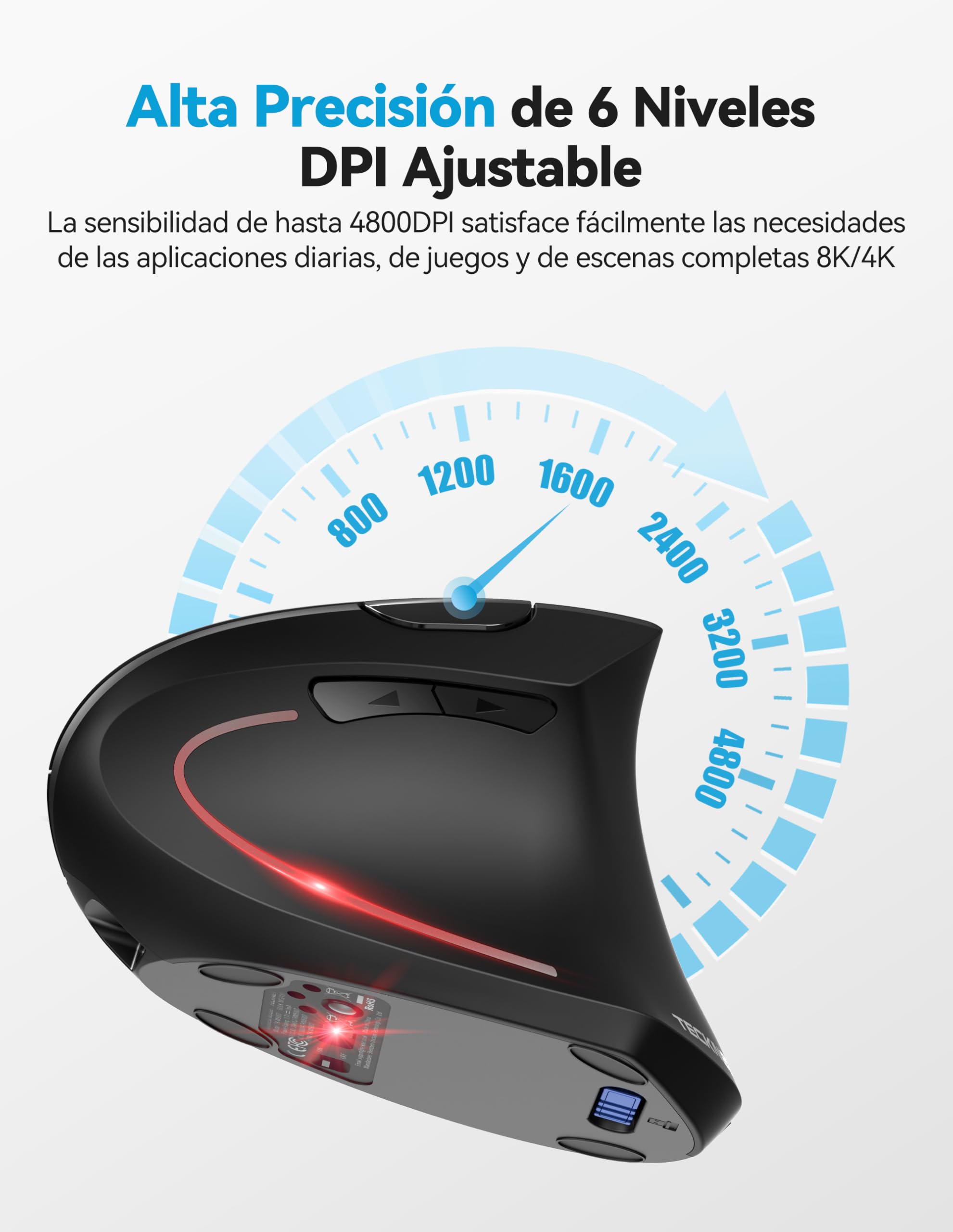 TECKNET Ratón Bluetooth Ergonómico, Raton Vertical Inalámbrico Recargable (BT 5.0/3.0 + 2.4G), 6 Niveles de Ajuste hasta 4800 dpi, Ratón Inalámbrico óptico Silencioso para Windows, Mac, Portátil