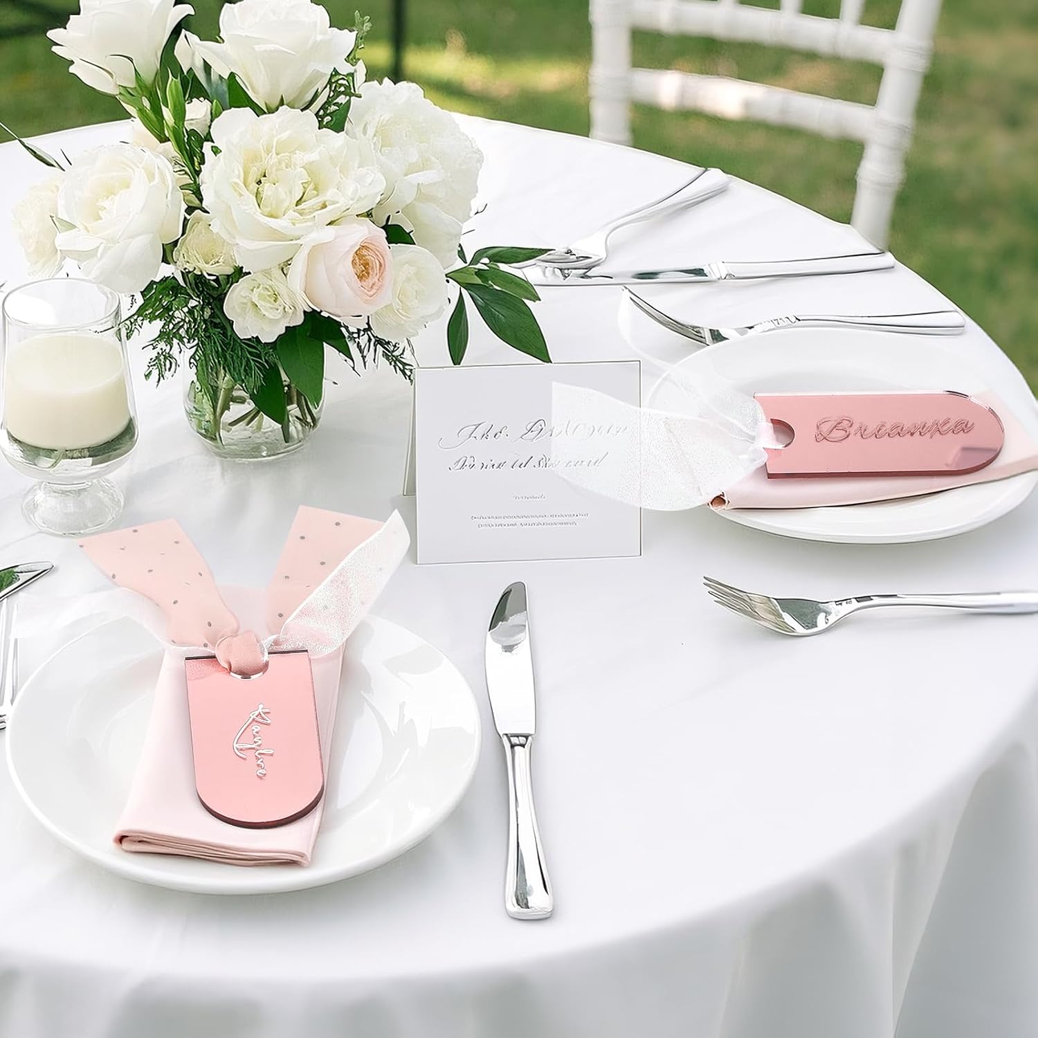 20 Pcs Mirror Rose Gold Acrylic Place Cards with Ribbon Wedding Name Cards DIY Blank Hanging Tags for Table Setting Reserved Signs Party Birthday Anniversary Event Stocking Tree (Rose Gold)