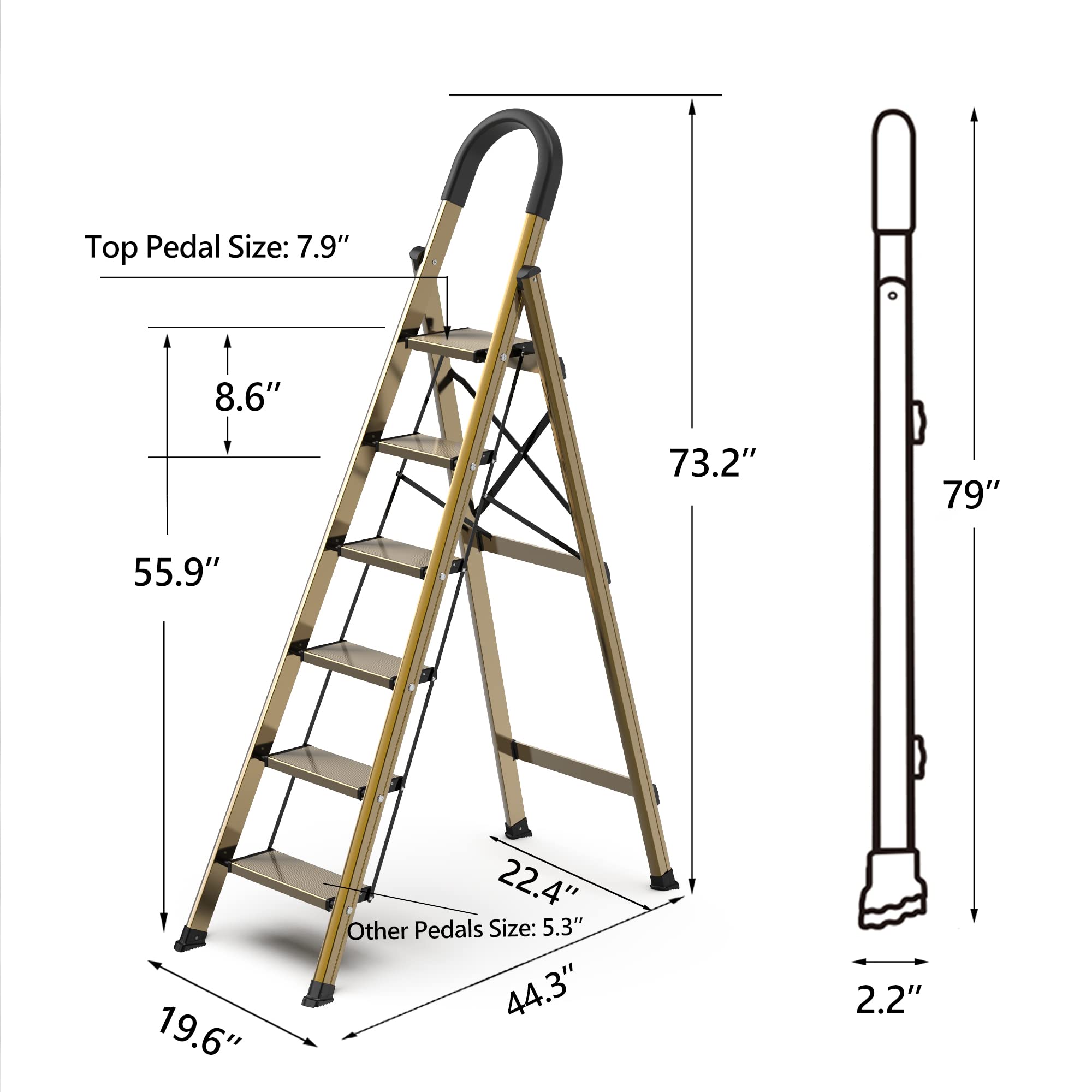 Condition photo showing New/Like New for lightweight aluminum 6 step ladder for 12 feet high ceiling, folding step stool stepladders with anti-slip and wide pedal for home and kitchen use space saving (brown gold)
