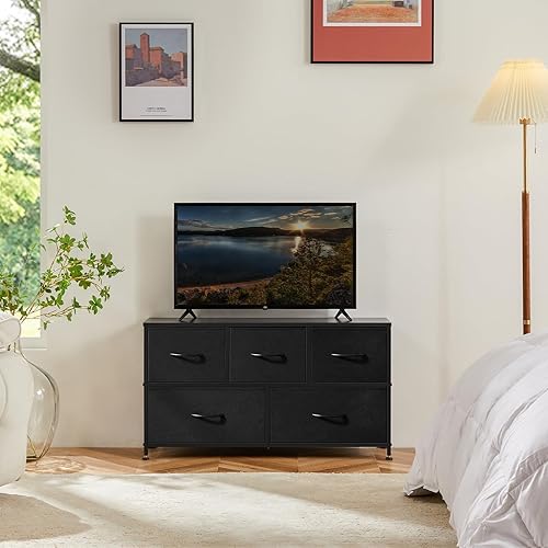 Vista 36 de DUMOS Cómoda para dormitorio, 4 cajones, organizador de cofres altos de tela, muebles de torre con marco de metal superior de madera para sala