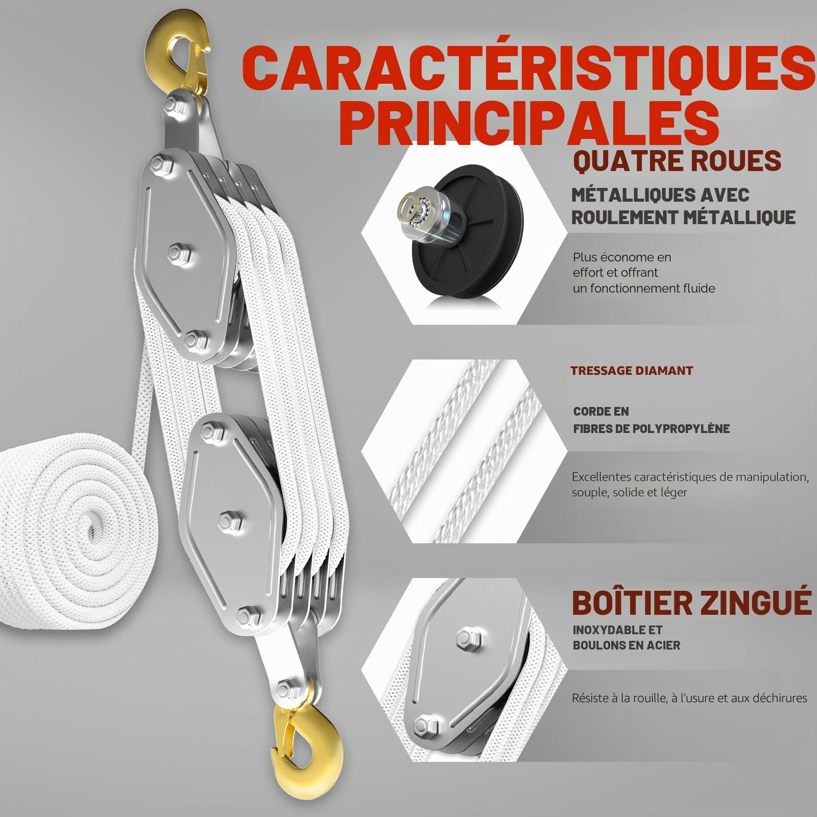 Palan à poulie à câble avec roulement en métal 4400 lb, système de poulie et de palan 8:1, capacité de charge de 2200 lb, palan à câble robuste de 65 pi pour garage de chasse et entrepôt