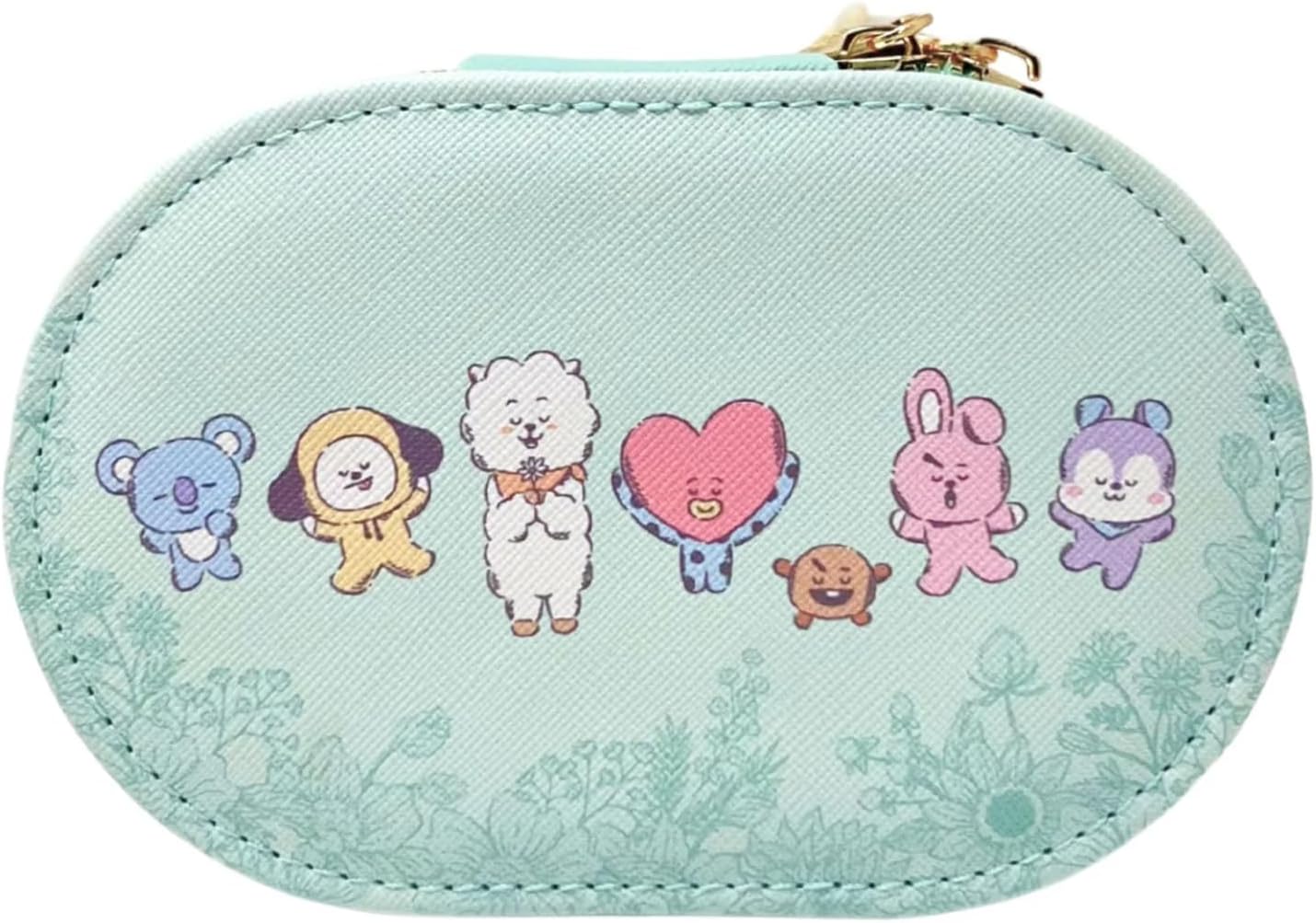 Impressions Vanity BT21 Travel Jewelry Organizer with Faux Saffiano Leather, 3 Divided Compartments, Organizer box with BT21 Natural Garden Design, 8 Ring Holder, Inner Slip Pocket Vanity Organizer