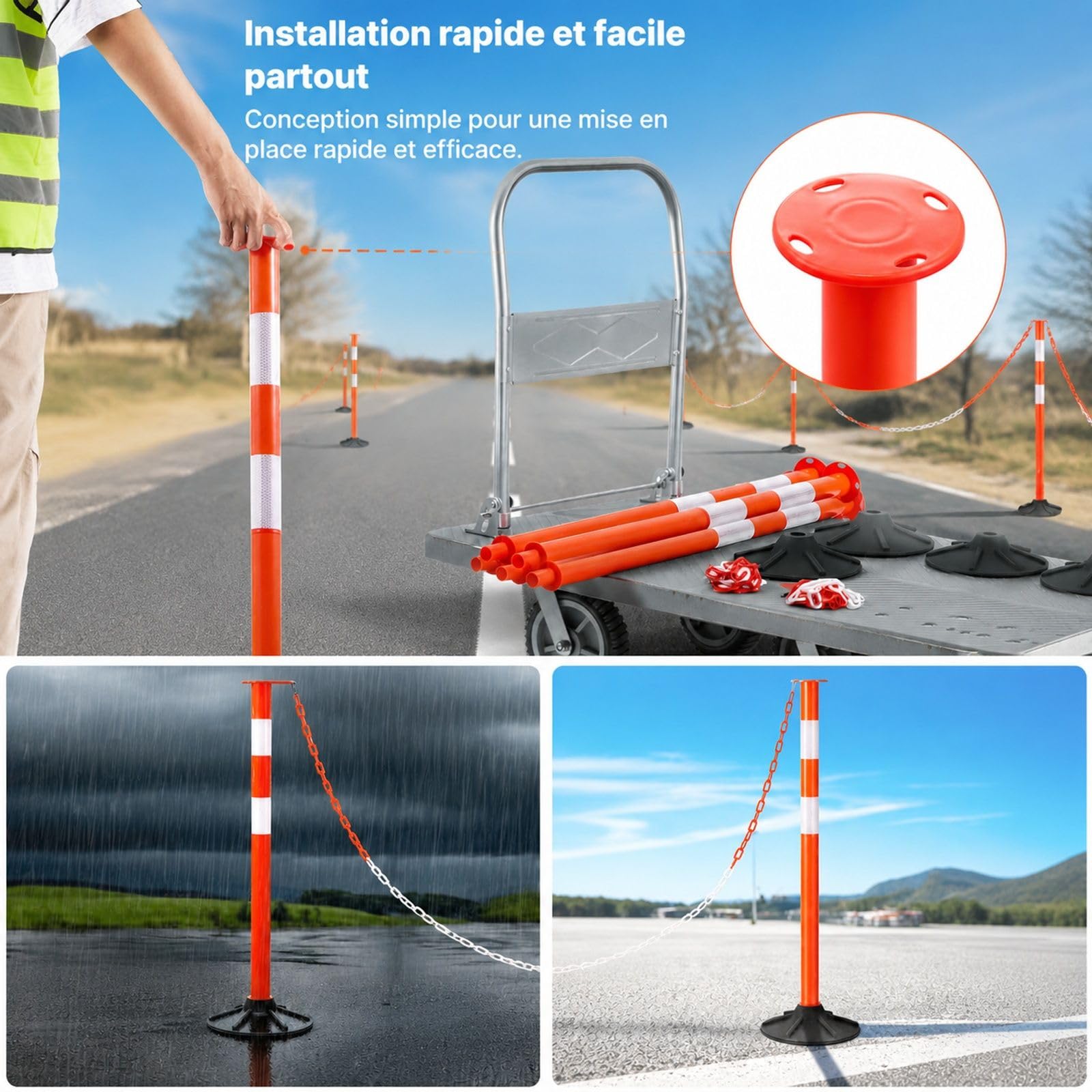 4 poteaux de signalisation Rouges avec Base lestée, Bandes réfléchissantes et chaîne, pour Chantier et Parking