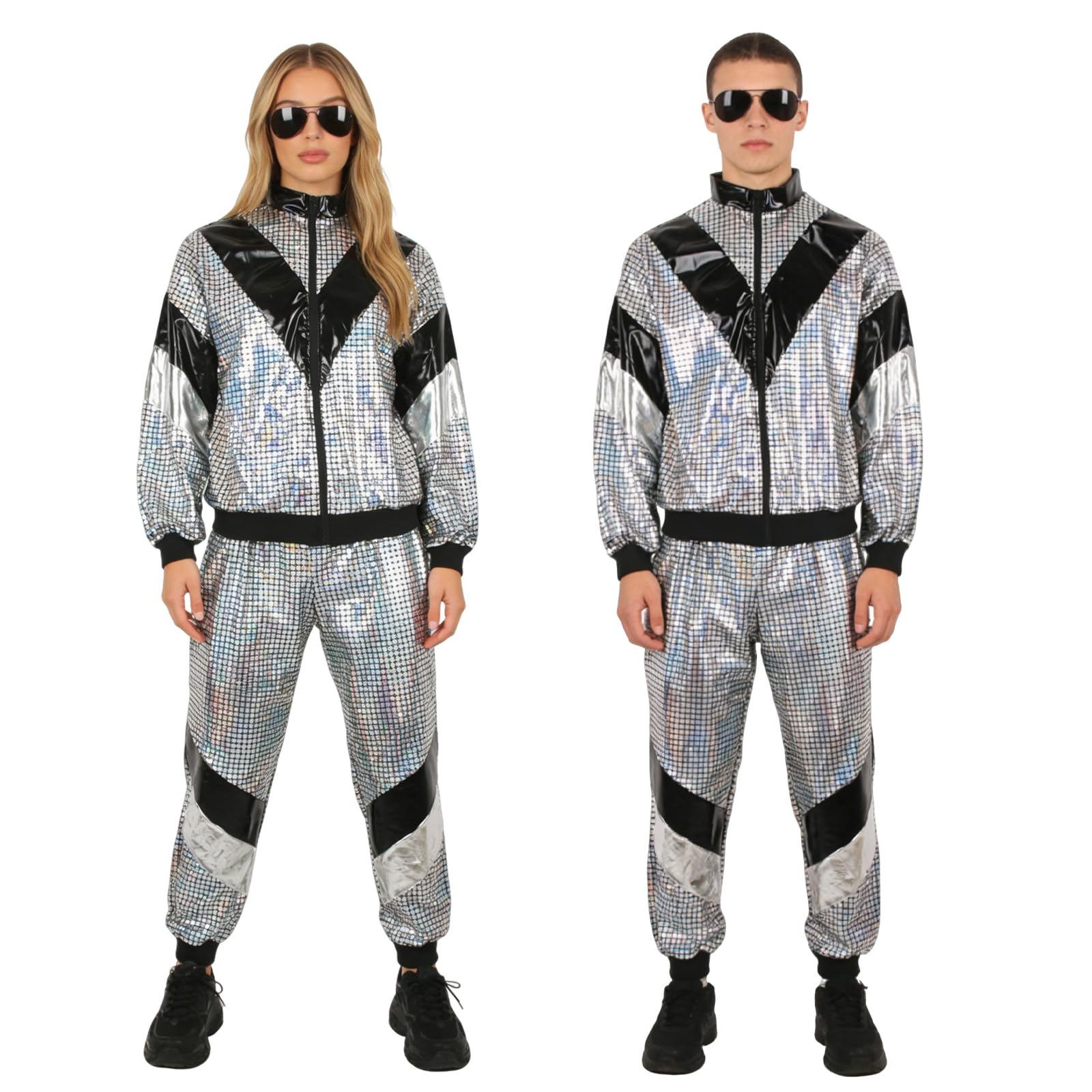 YAEGIMHT 80s 90s Fancy Dress for Men/Women Retro 80s 90s Hip Hop Tracksuit for Adult Fancy Dress mit Shiny Silver/Gold Tracksuit with Glasses Retro Disco Outfit for Carnival Disco Parties (silver, M)