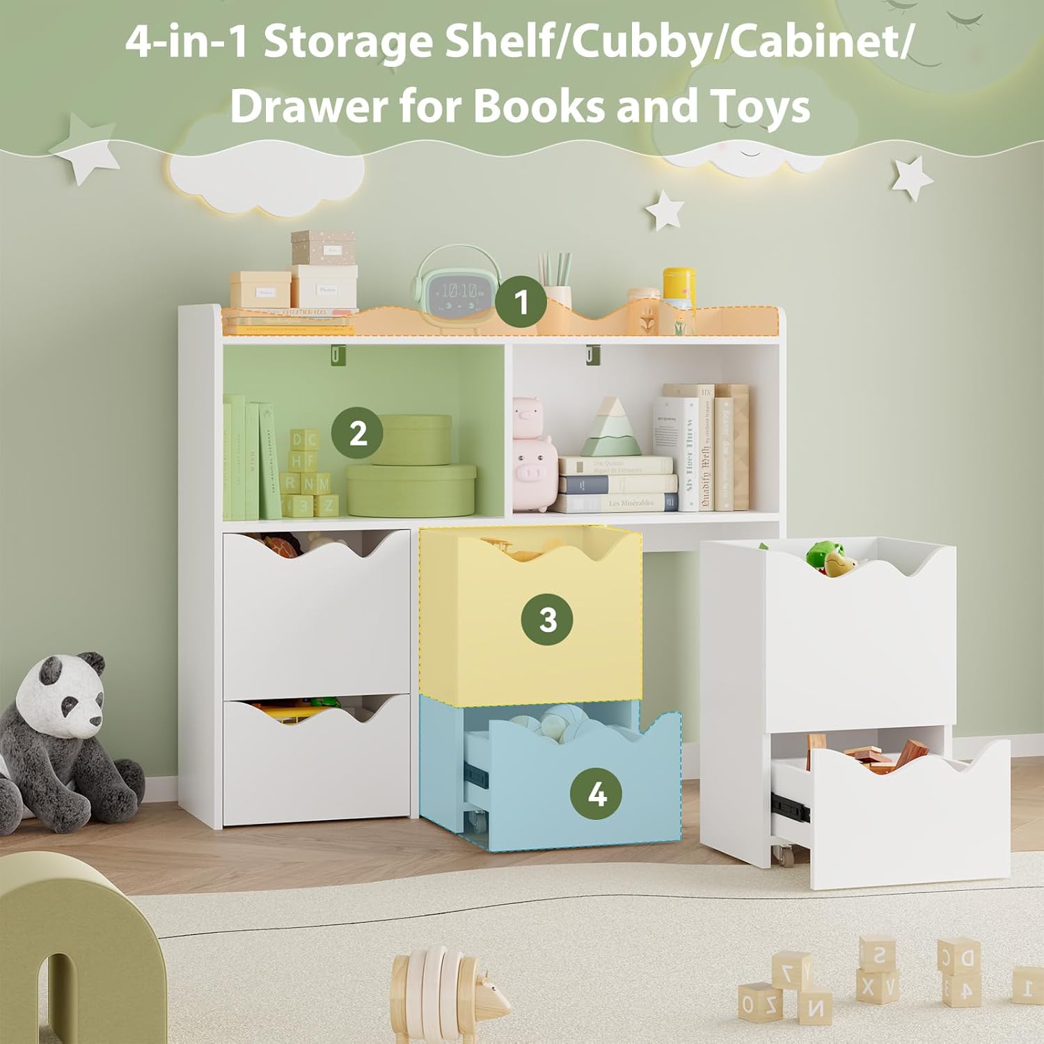 34.5" W Toy Storage Organizer, Bookshelf with 1 Display Shelf & 2 Open Cubbies & 3 Movable Cabinets & 3 Drawers, Bookshelf with Toy Storage Cabinet for Playroom Storage(White)