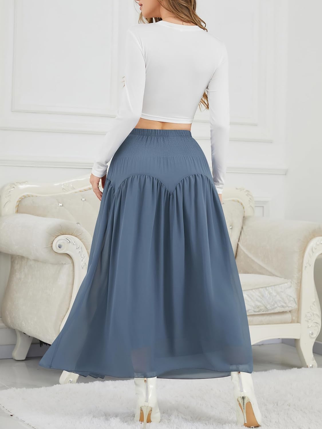 NASHALYLY Chiffon Maxi Skirt for Women A-Line High Waisted Elastic Floral Long Skirt - Image 5