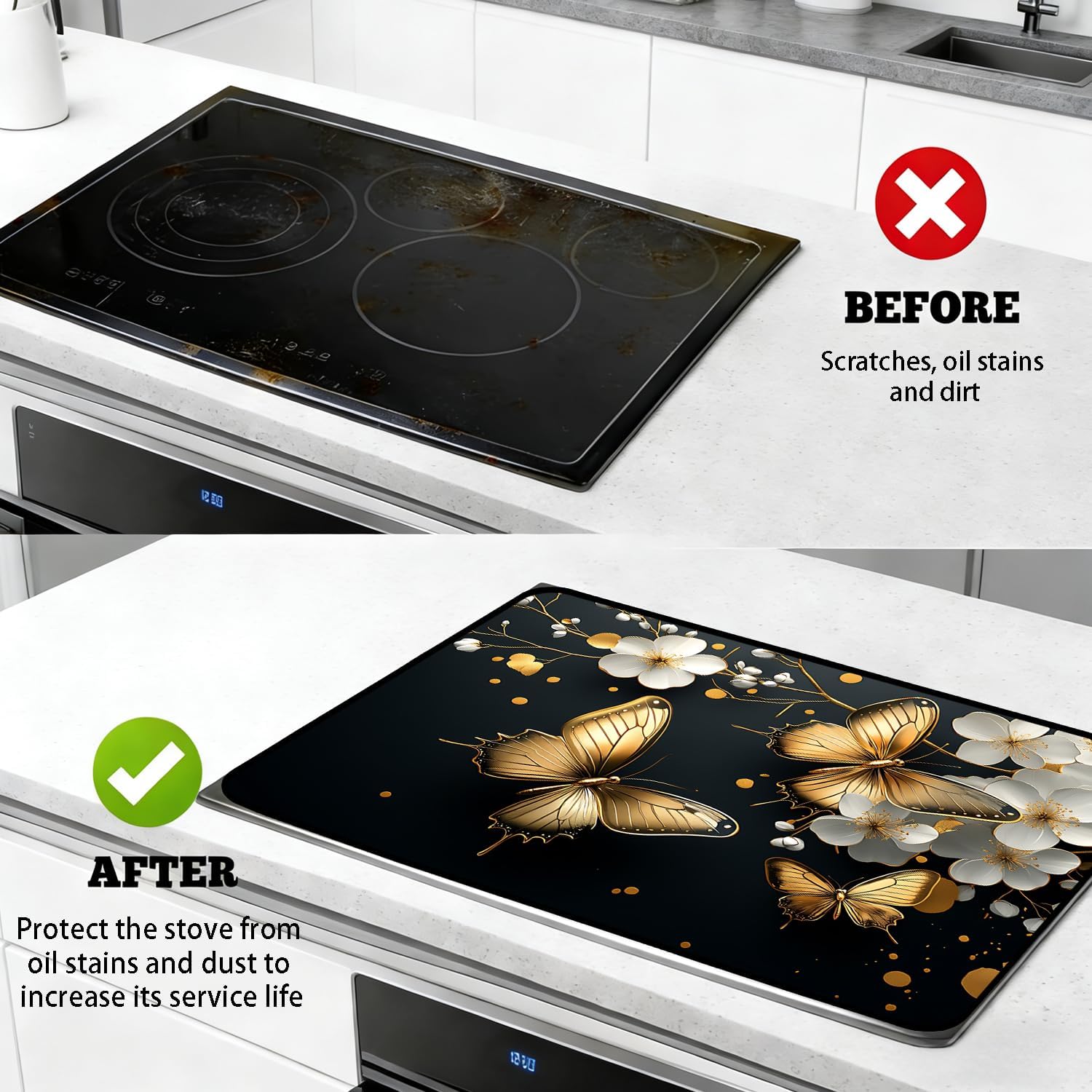 Stove Top Cover for Electric Stove, Vintage Farmhouse Style Glass Cooktop Protector, Multi-functional Kitchen Counter & Washer Top Cover