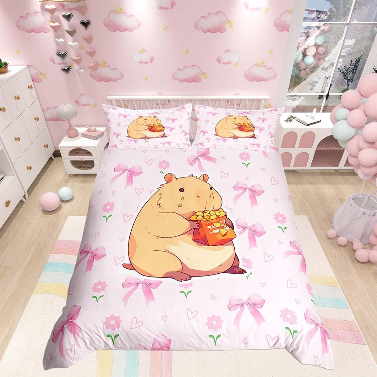 Homemissing Capybara Bow Duvet Cover Set King Size For Kids Boys Girls Pink Bow Bedding Set Cutes Capybara Duvet Cover with 2 Pillowcases Floral Bowknot Bedding — image 1