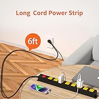 Vista 3 de Tira de alimentación larga de 8 salidas, 2 paquetes de 2100J, protector contra sobretensiones resistente de 6 pies, cable ancho espaciado y montaje