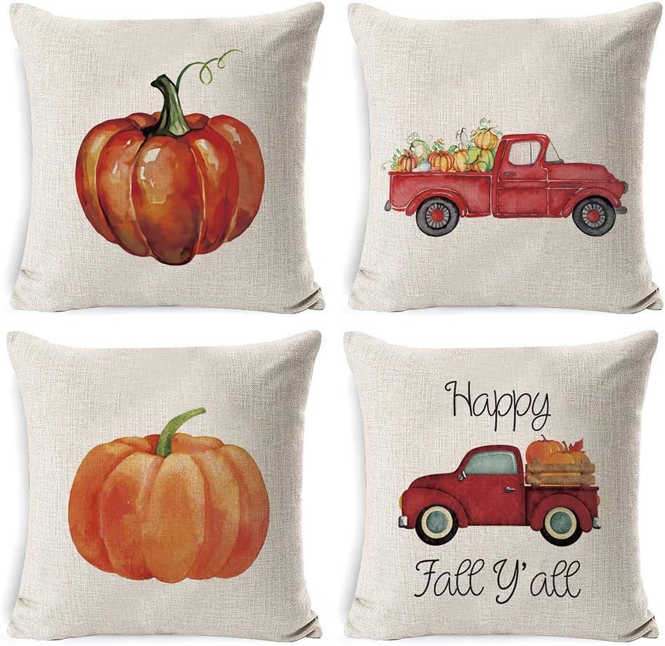 INSHERE Rustic Farmhouse Fall Harvest Pumpkin Throw Pillow Cover Cotton Linen Burlap Decorative Cushion Covers Pillowcase Cushion Case for Sofa Bedroom Car 18 x 18 Inch 45 x 45 cm (Fall Pumpkin 5)