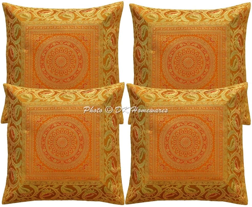 Indian Decorative Sofa Throw Pillowcases 16 Inch Brocade Jacquard Mandala Bohemian Square Couch Cushion Covers (Size - 40x40 cm ; Color: Gold & Gold) - Set of 4 Pcs (Cover Only)