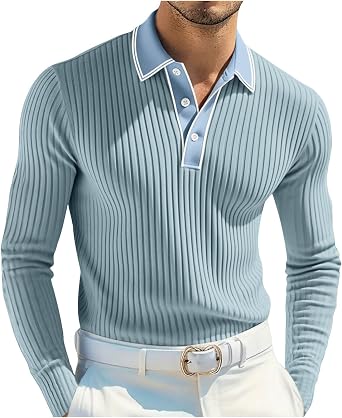 Xiaojmake Mens Knit Polo Sweater Casual Long Sleeve Textured Polo Sweater Lightweight Button Down Striped Knit Golf Sweater