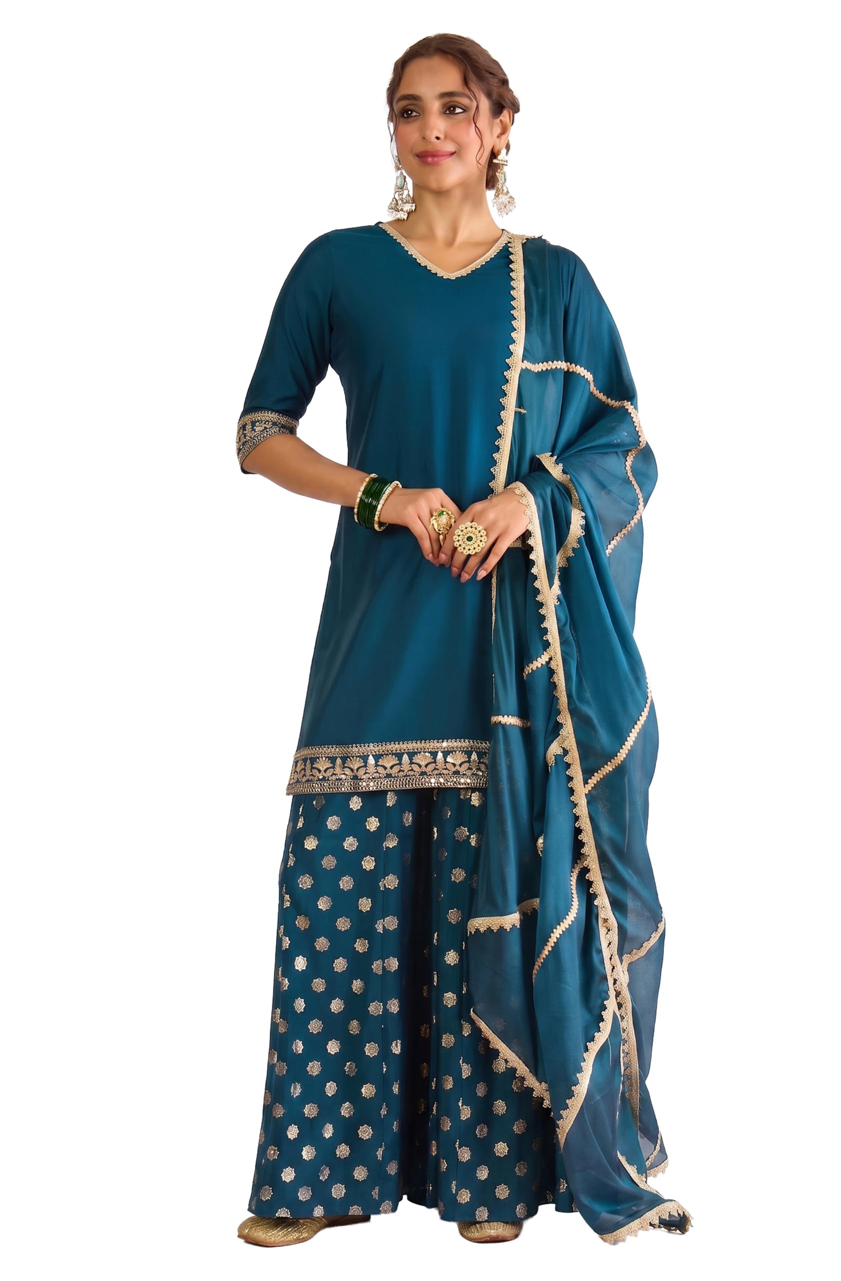 janasya Women's Teal Blue Silk Blend Embellished Straight Kurta with Sharara and Dupatta Set-picture-35
