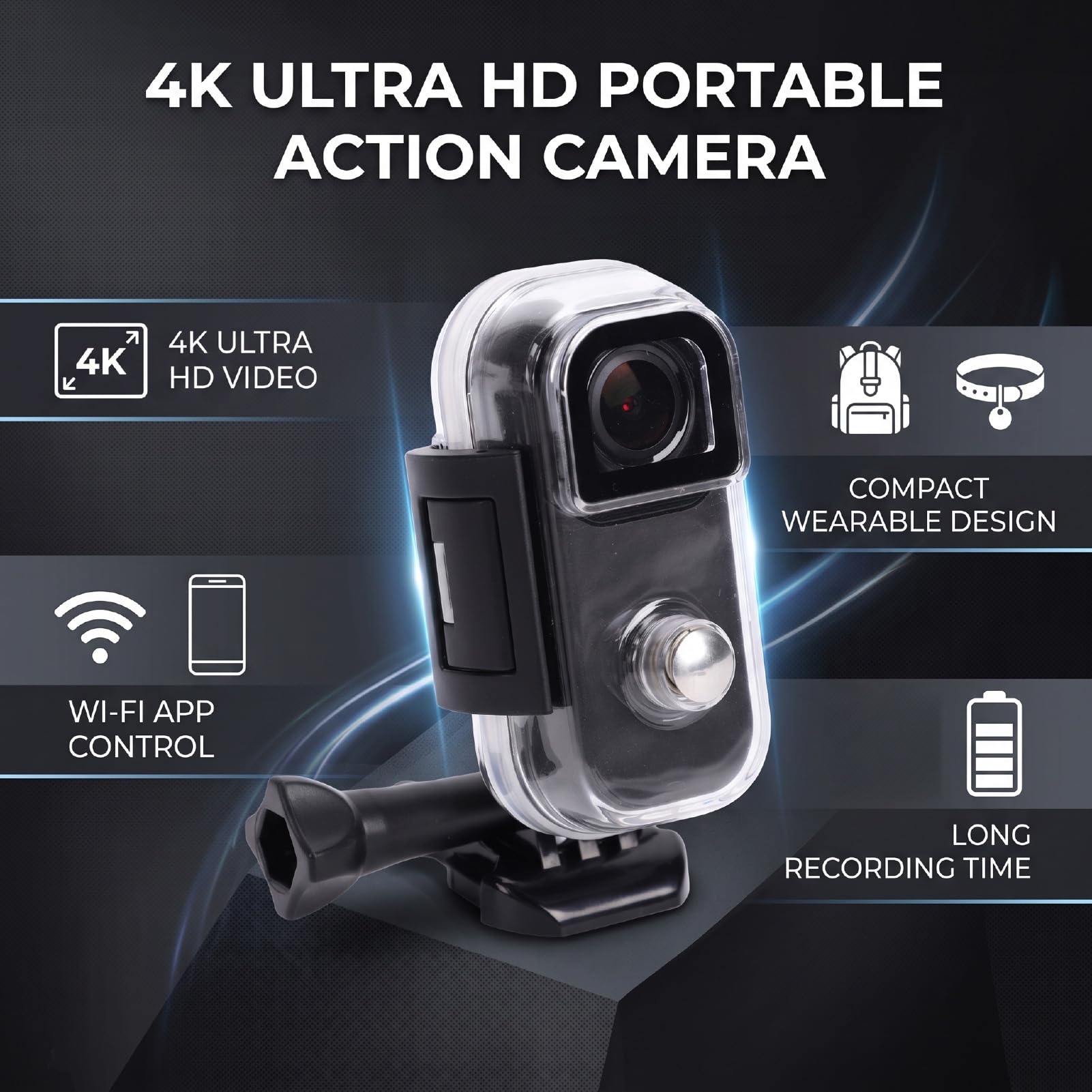 Sxhlseller Videocamera 4K Action Camera, WiFi Controllo App, 800mAh, per | Plastica Tecnica, Ideale per Vlogging Indossabile, Ciclismo, Escursionismo e viaggi. App per Smartphone, Porta Type C,