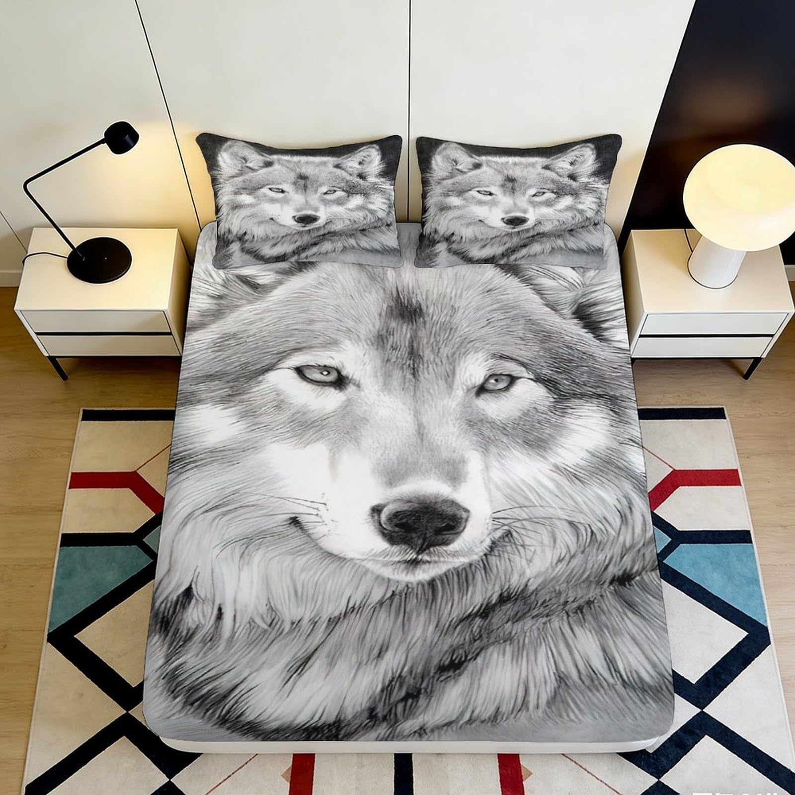 3D Printed Wolf Face Fitted Sheet Microfiber Soft Durable Forest Animal Bed Cover for Bedroom Dorm Mattress Protection Decor 160x200x25cm
