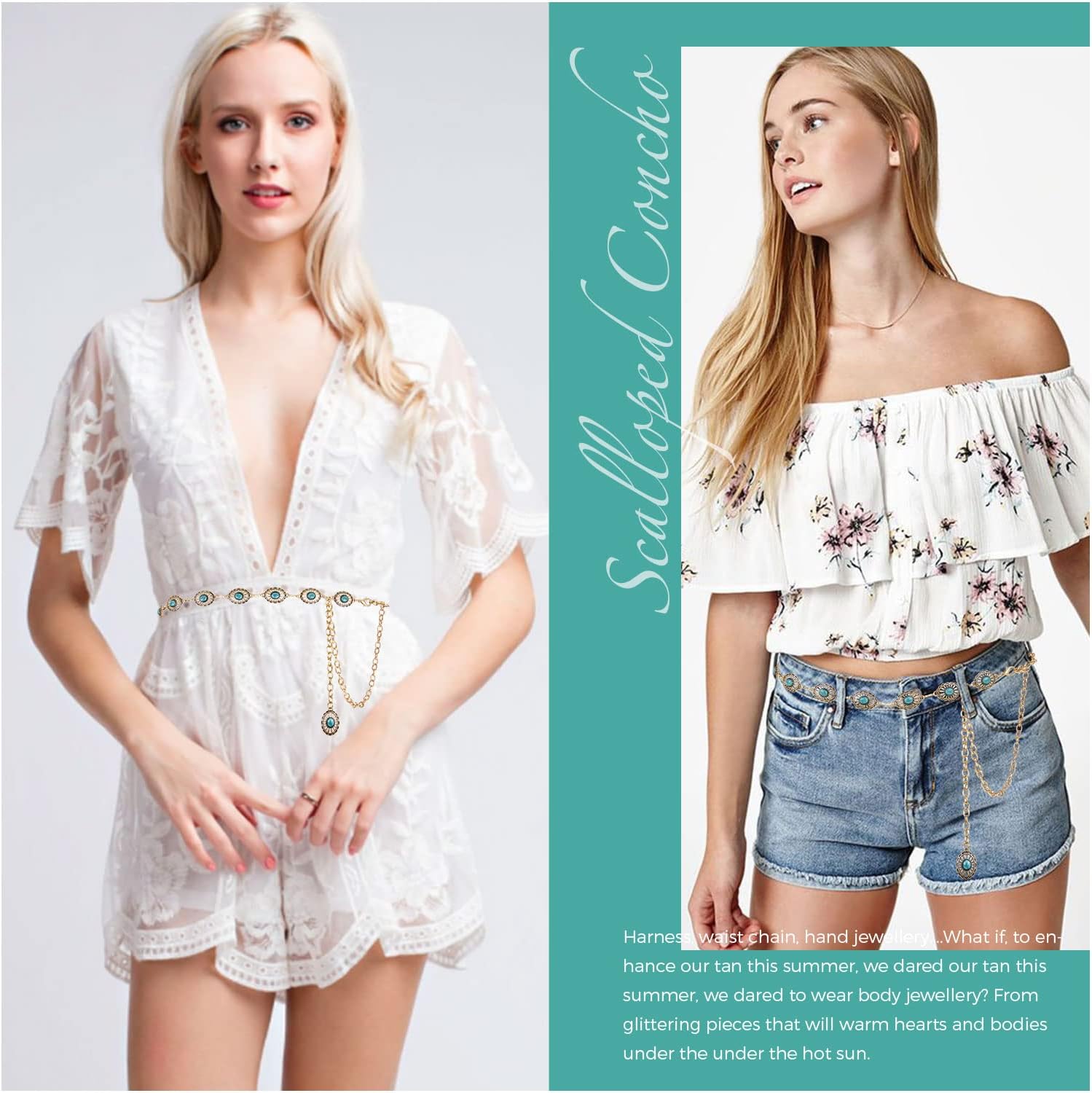 FIORETTO Metal Waist Chain Link Belt for Women Western Cowgirl Boho Turquoise Belts for Dress Jeans Country Concert Outfit - Image 2