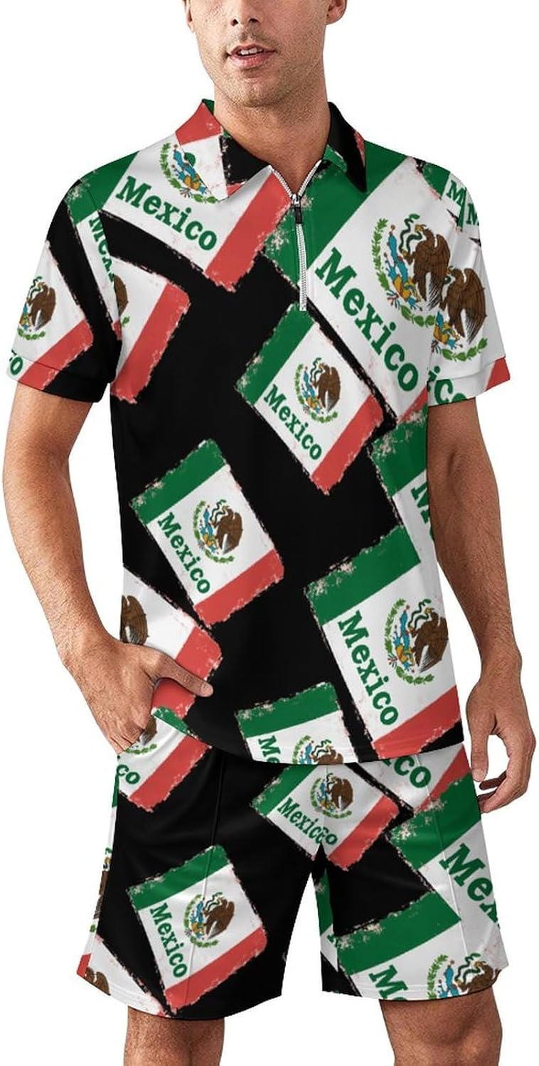 Mexico Flag Mens Polo Shirts Track Suits 2 Piece Short Sleeve Sweatsuit 1/4 Zip Golf Loungewear for Sports