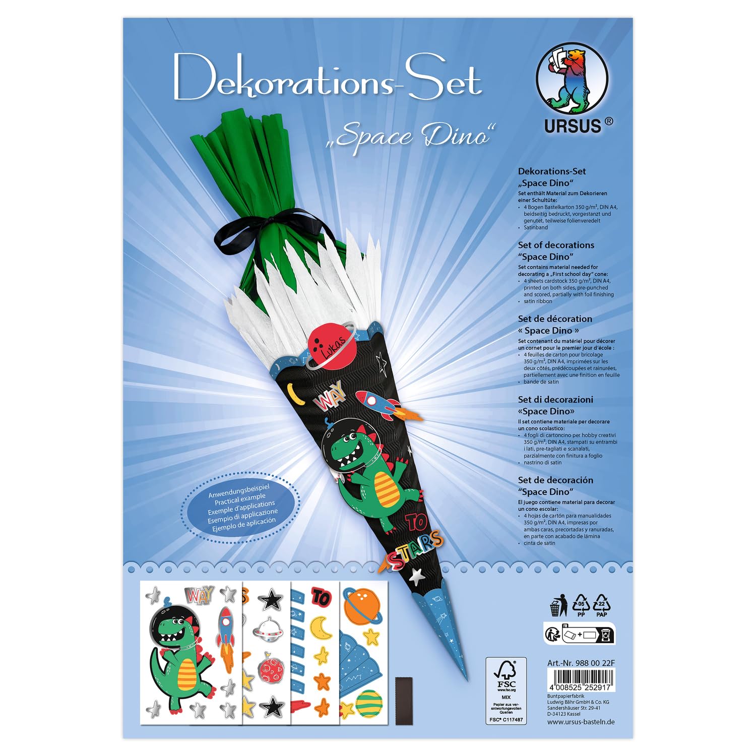 Ursus Space Dino 9880022F Decoration Set, 4 Sheets of Craft Cardboard, Printed on Both Sides, Pre-Cut, Grooved, for Decorating a School Cone, with Satin Ribbon