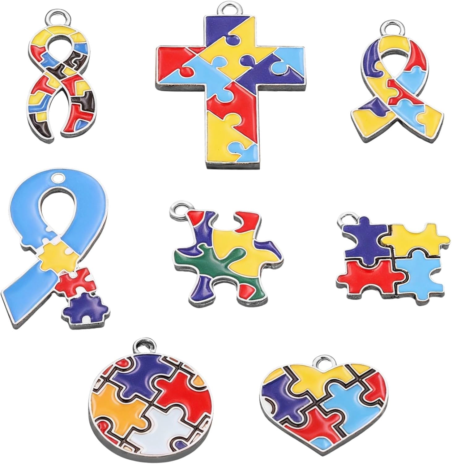8 szt. wisiorków świadomości autyzmu, zestaw biżuterii ze stopu DIY, kolorowe nieregularne puzzle zawieszki do naszyjników, toreb i akcesoriów