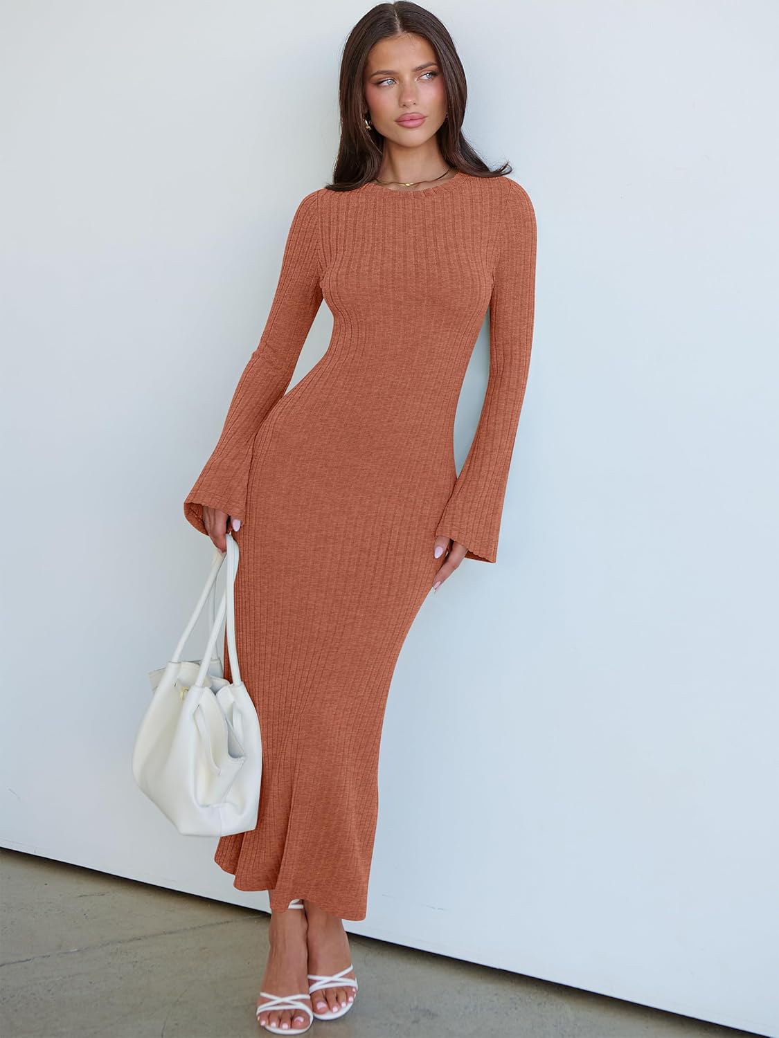 ANRABESS Womens Bodycon Maxi Dresses 2025 Fall Casual Flare Sleeve Crewneck Lounge Comfy Sexy Ribbed Knit Long Sweater Dress - Image 5